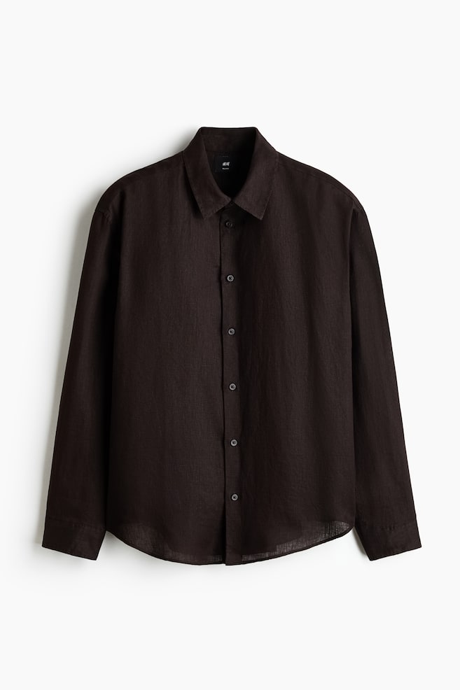 Relaxed Fit Linen shirt - Dark brown/Cream/White/Navy blue - 1
