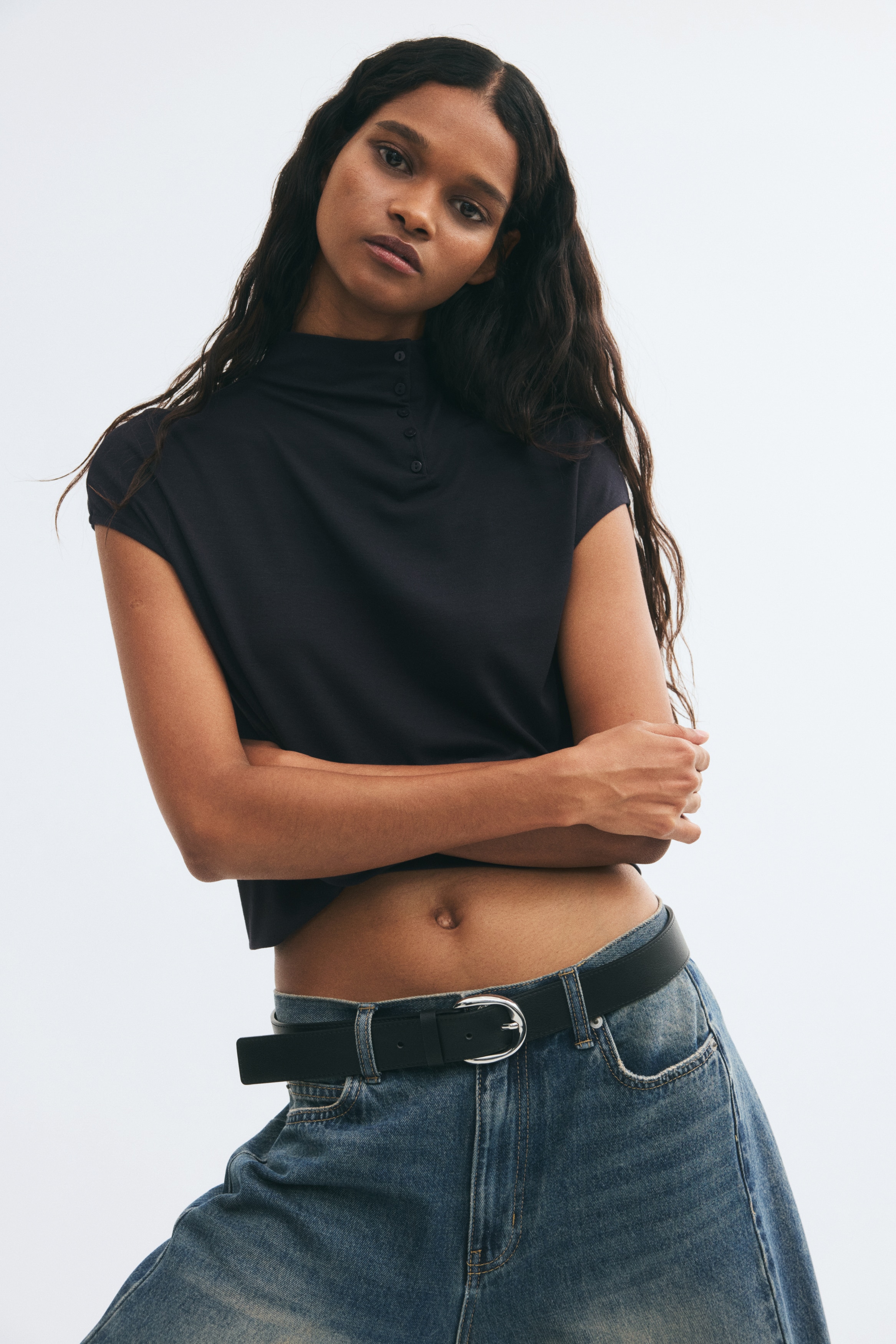 Viscose turtleneck top - Black/Light turquoise/Ivory