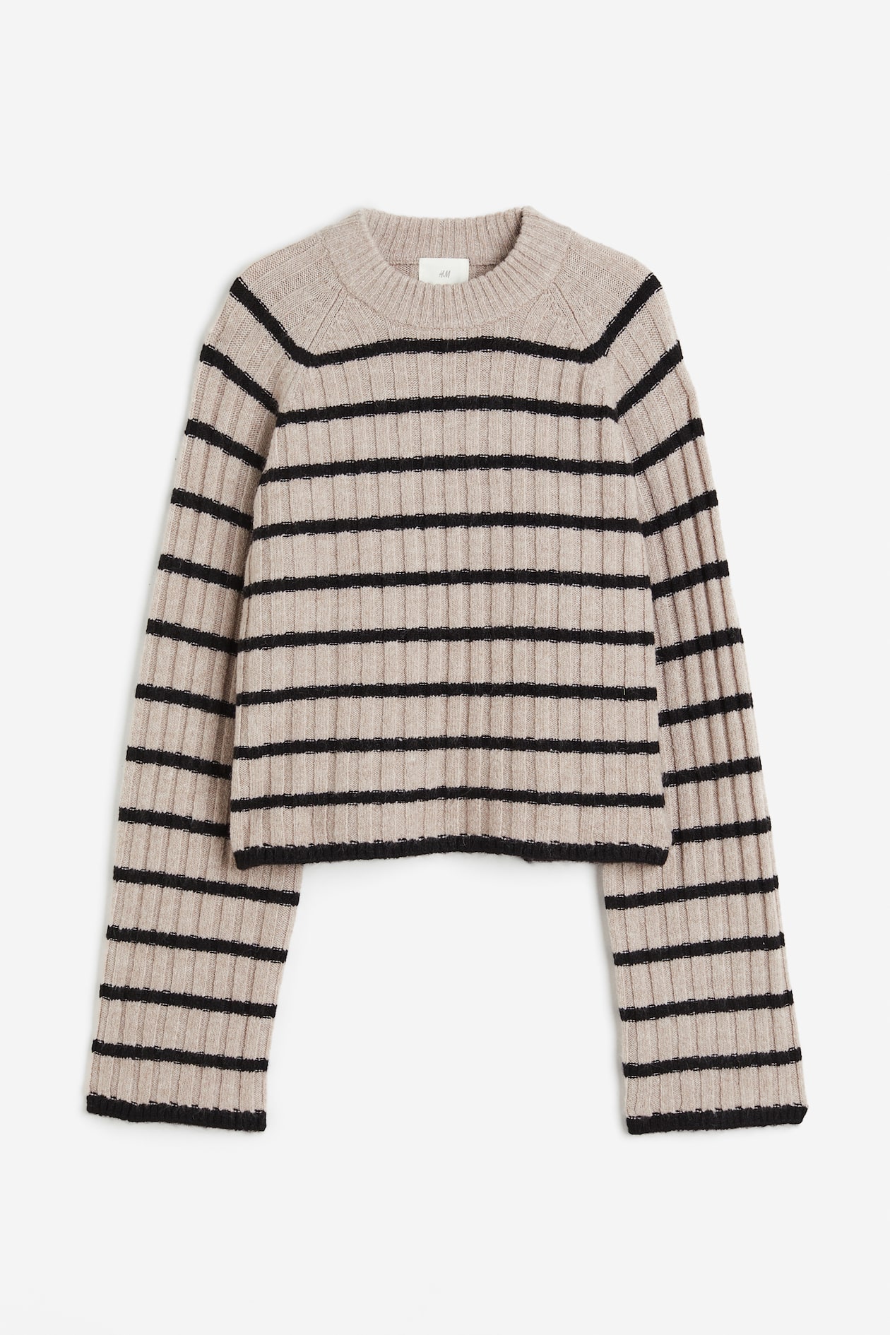 Rib-knit Sweater - Round Neck - Long sleeve - Taupe/striped - Ladies ...