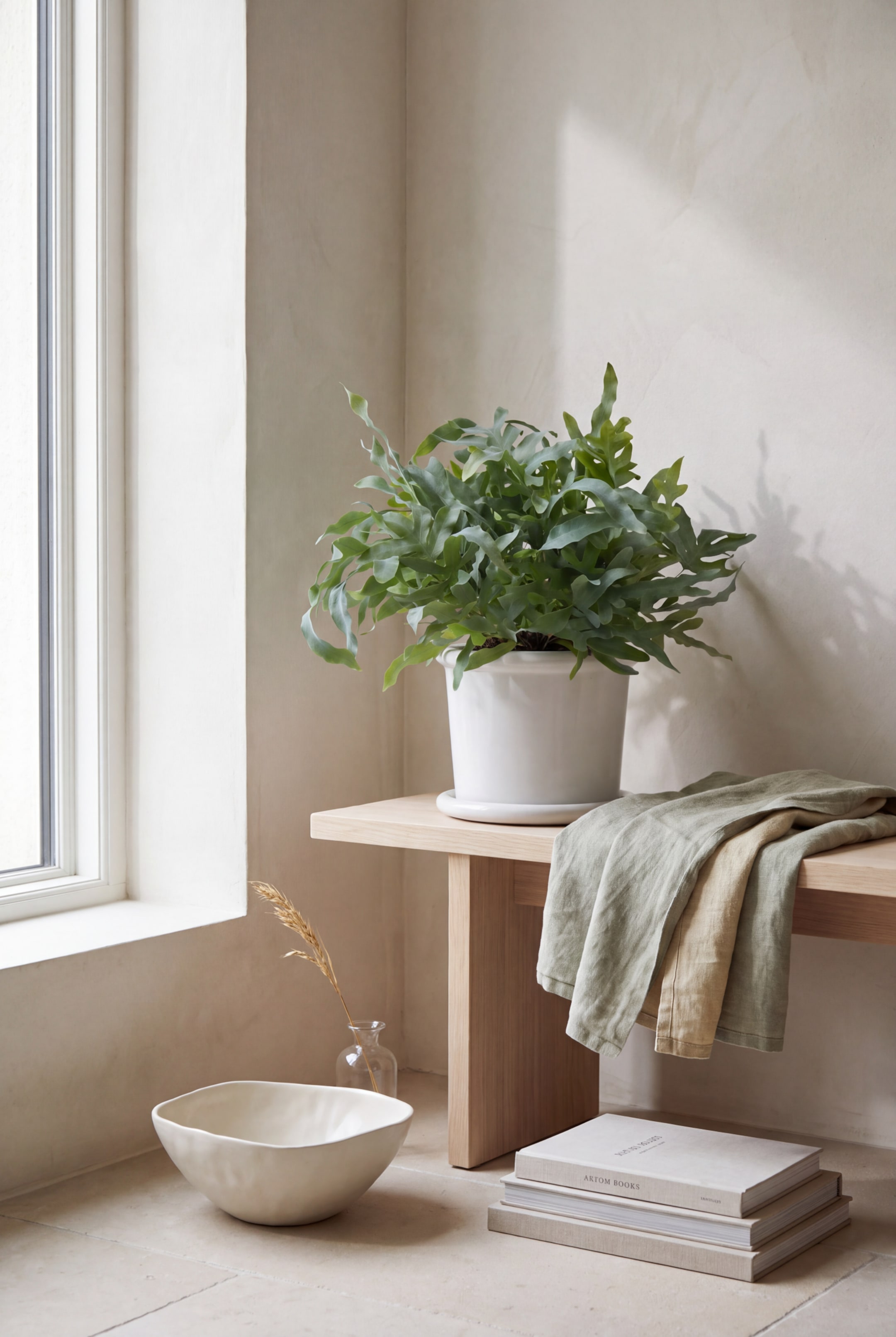 Ver imagen más grande: Dos servilletas de lino con textura, en tonos suaves de verde salvia y beige claro, caen con naturalidad sobre el borde de un banco de madera clara, mostrando sus suaves pliegues y la textura natural del tejido.