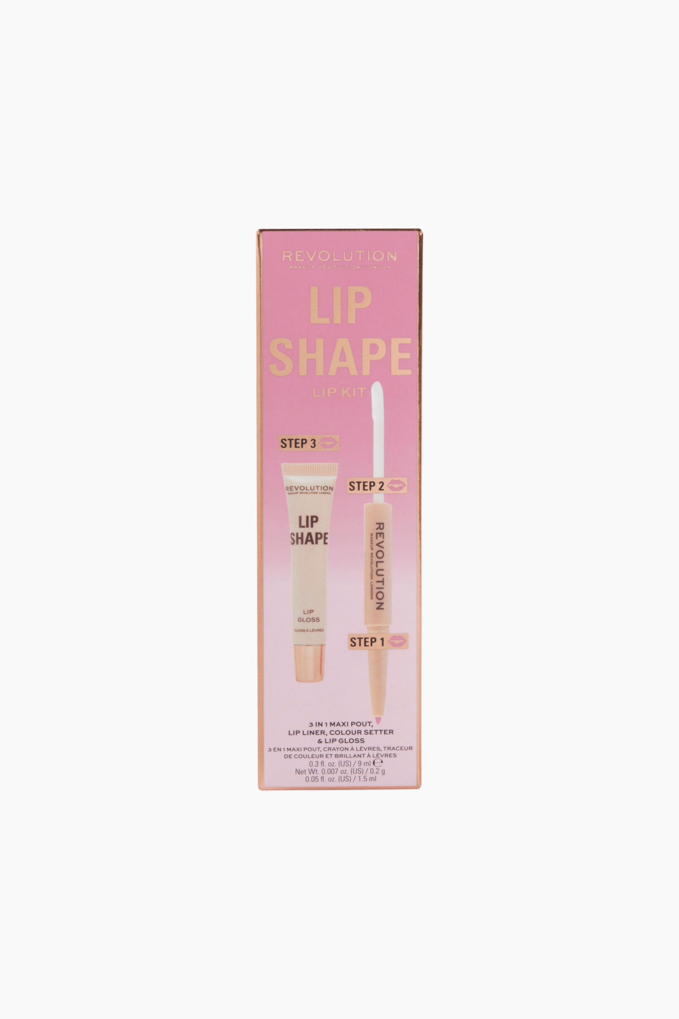 Näytä suurempi kuva: Lip Shape Lip Kit on asetettu eteenpäin suuntautuneeseen asentoon, ja siinä näkyy sen suorakulmainen, metallinhohtoinen vaaleanpunainen pakkaus. Laatikossa on esillä kolmiportaisen levitysjärjestelmän kuvitukset, joissa kuvataan kaksipäistä huultenrajauskynää ja värin kiinnitystuotetta sekä puristettavaa huulikiiltotubia.