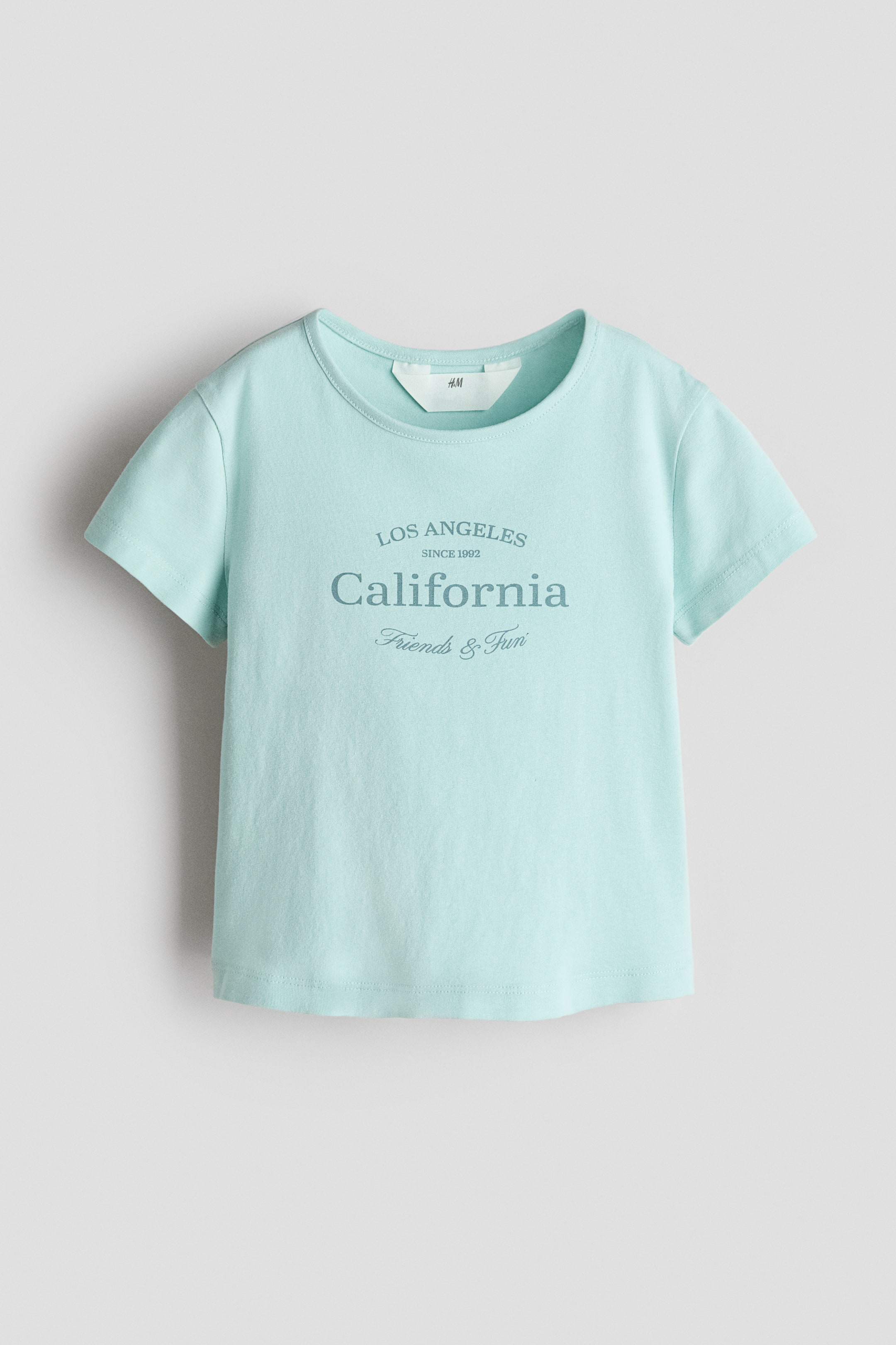 View larger image: A light blue t-shirt is showcasing its front view, featuring a round neck and short sleeves. The front displays a graphic print in a darker blue, which reads "LOS ANGELES SINCE 1992 California Friends & Fun".