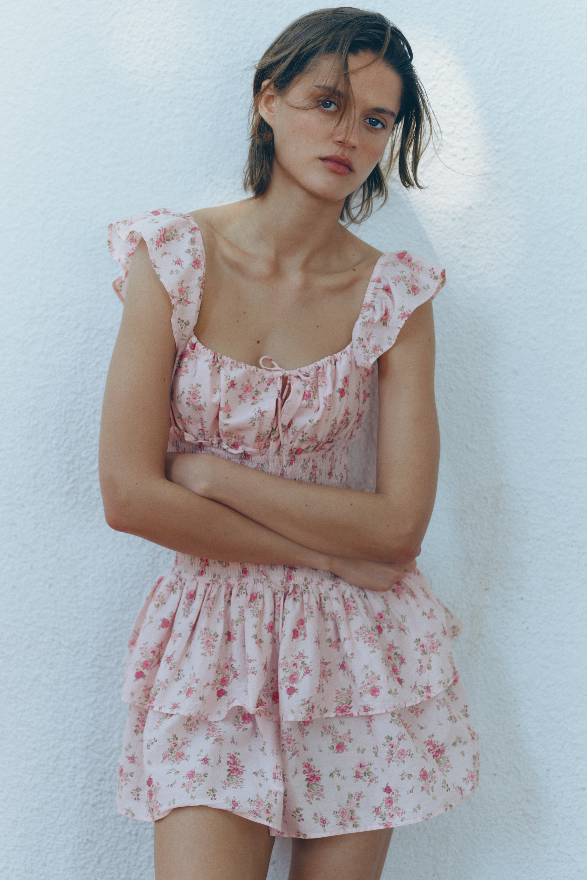 Vestido com franzido smock na cintura-Rosa claro/Floral
