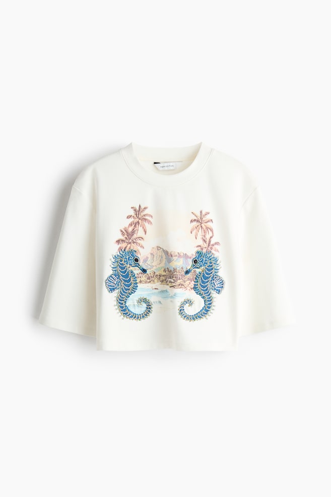 Embellished Cropped T-Shirt - White/seahorses - 1