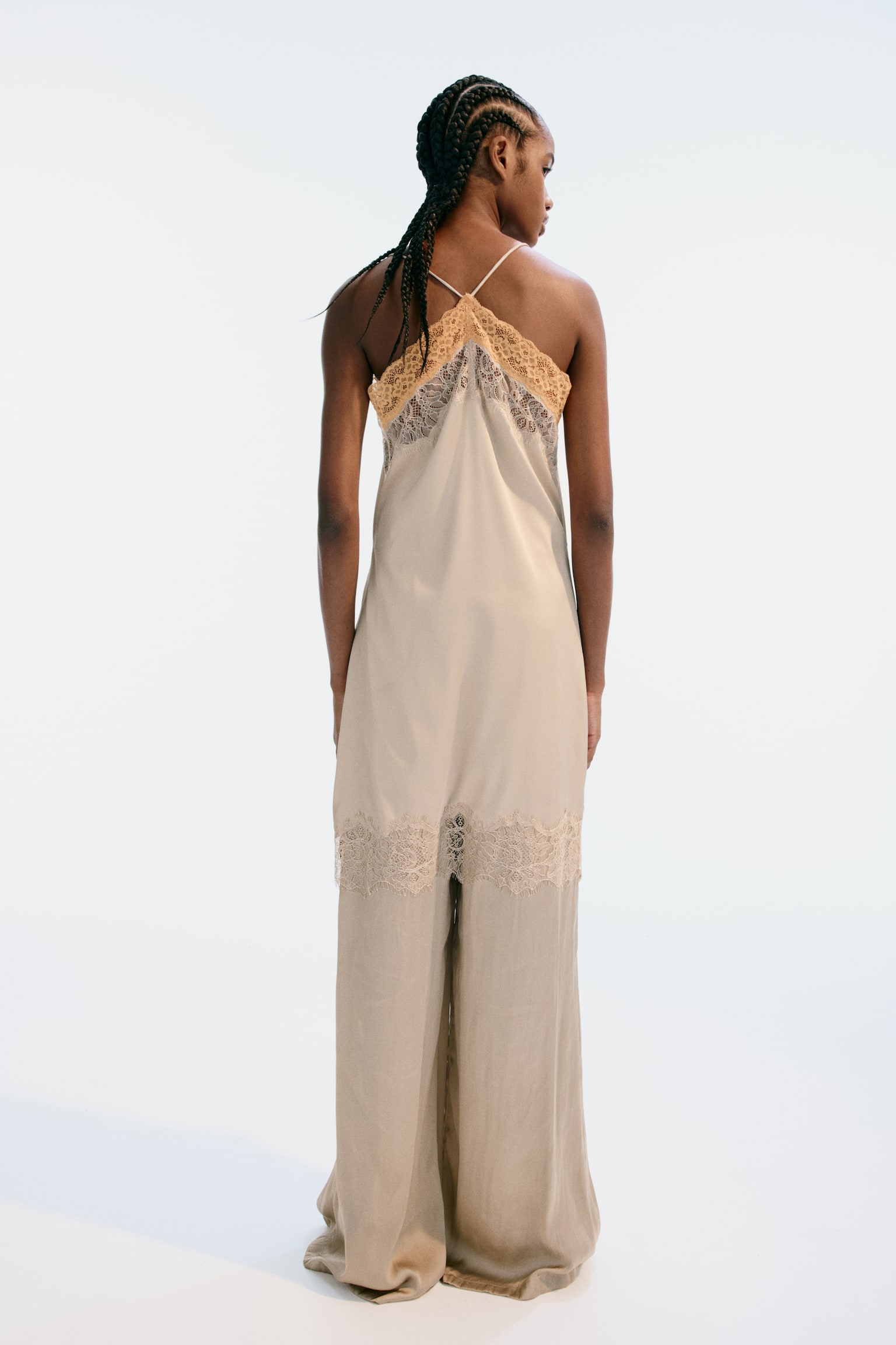 Lace-trimmed satin dress - Beige/Orange/Black - 3