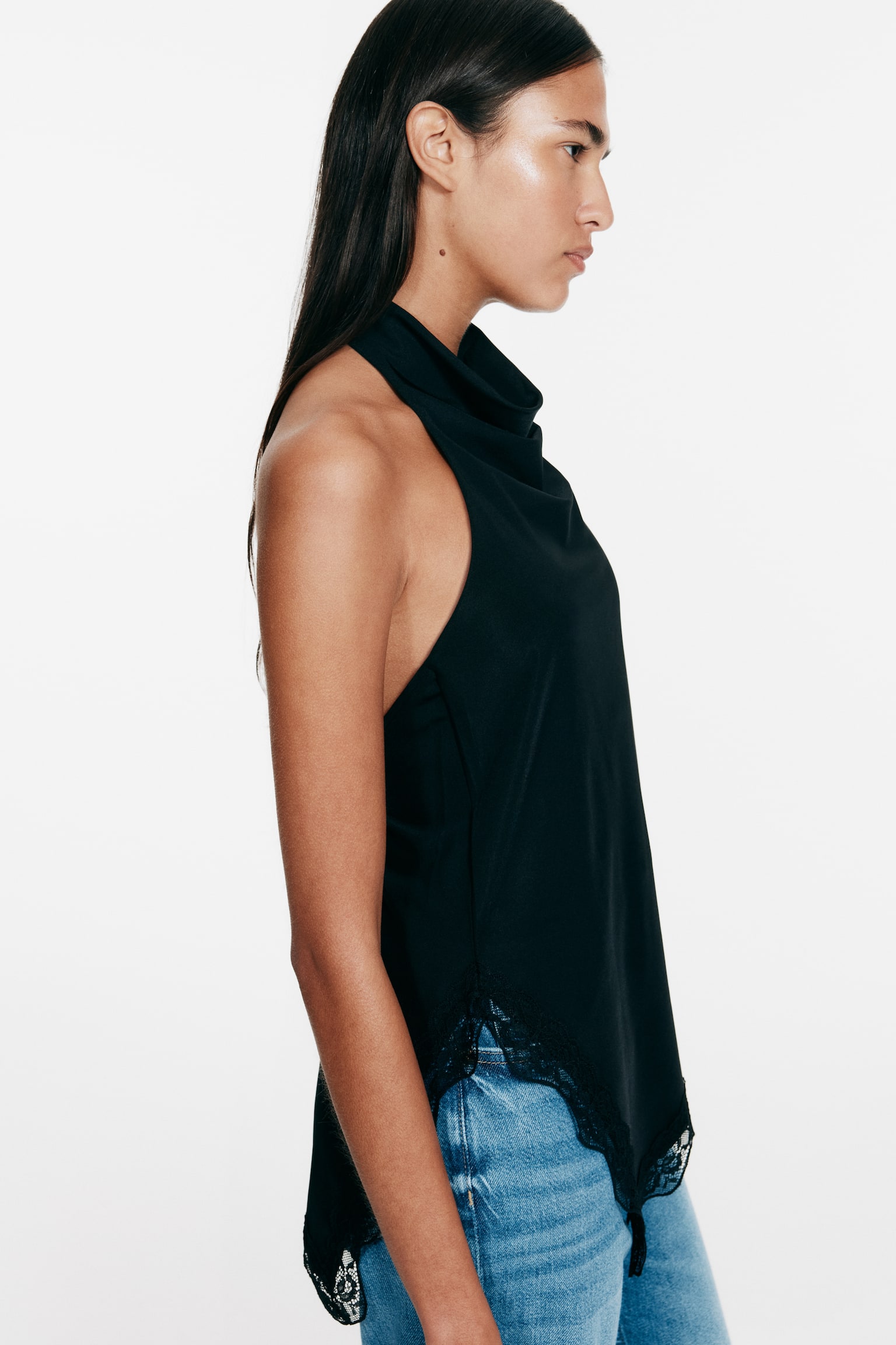 Lace-trimmed halterneck top - Black/Brown - 6