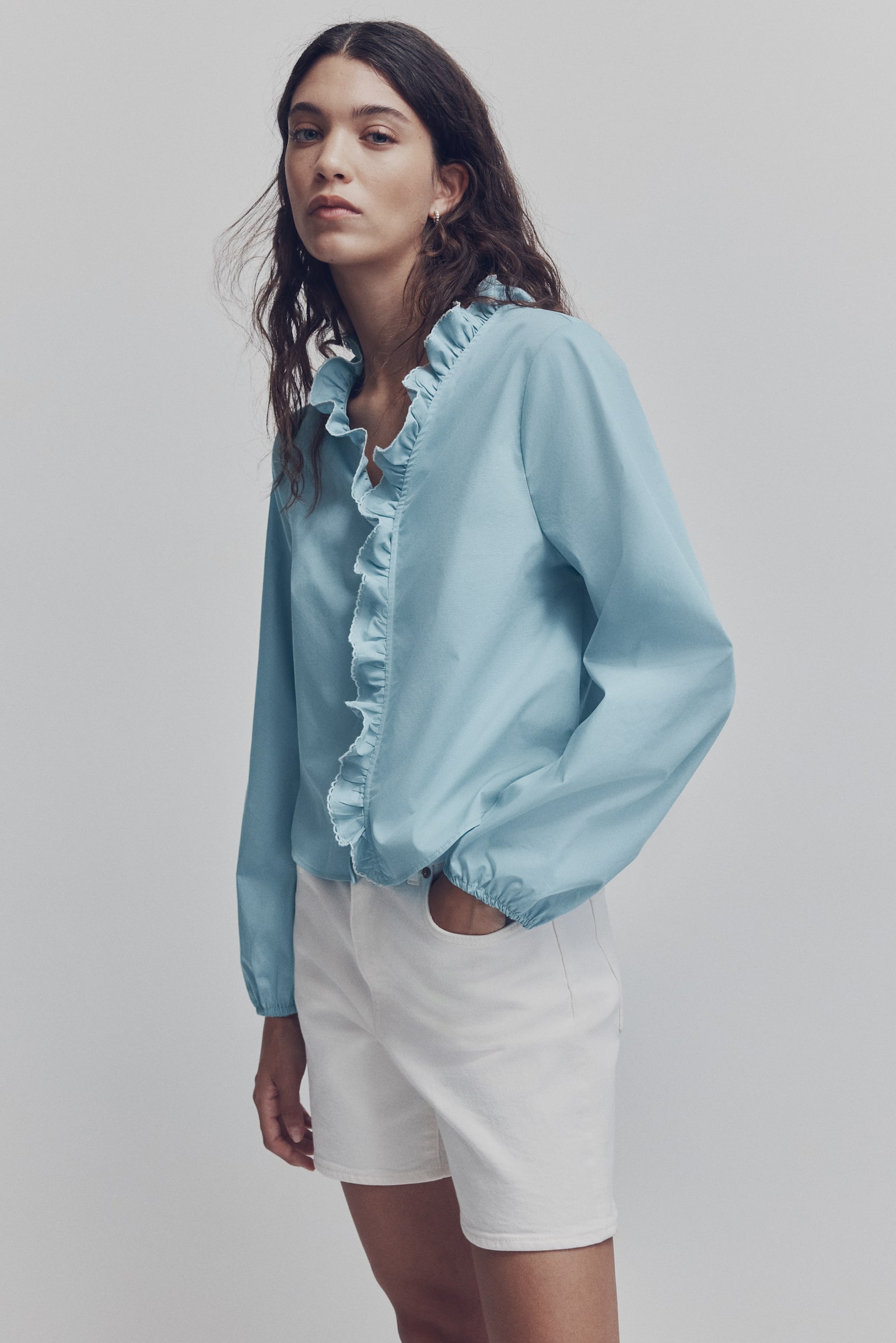 Blusa con olanes en popelina de algodón - Azul claro/Crema - 3