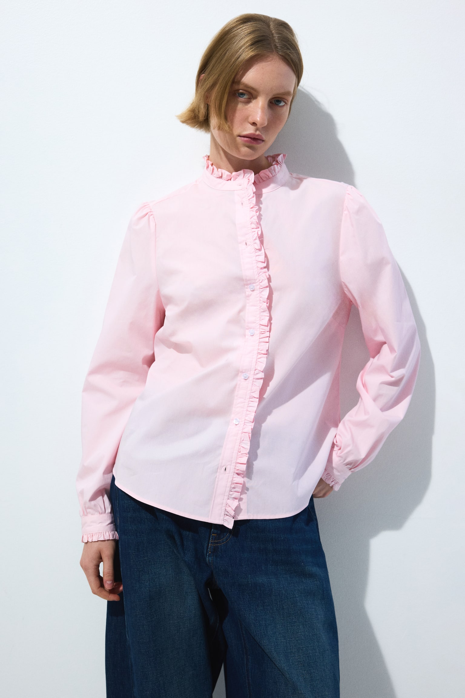 Frill-trimmed poplin blouse - Light pink/White/Red striped/Blue/Striped - 4