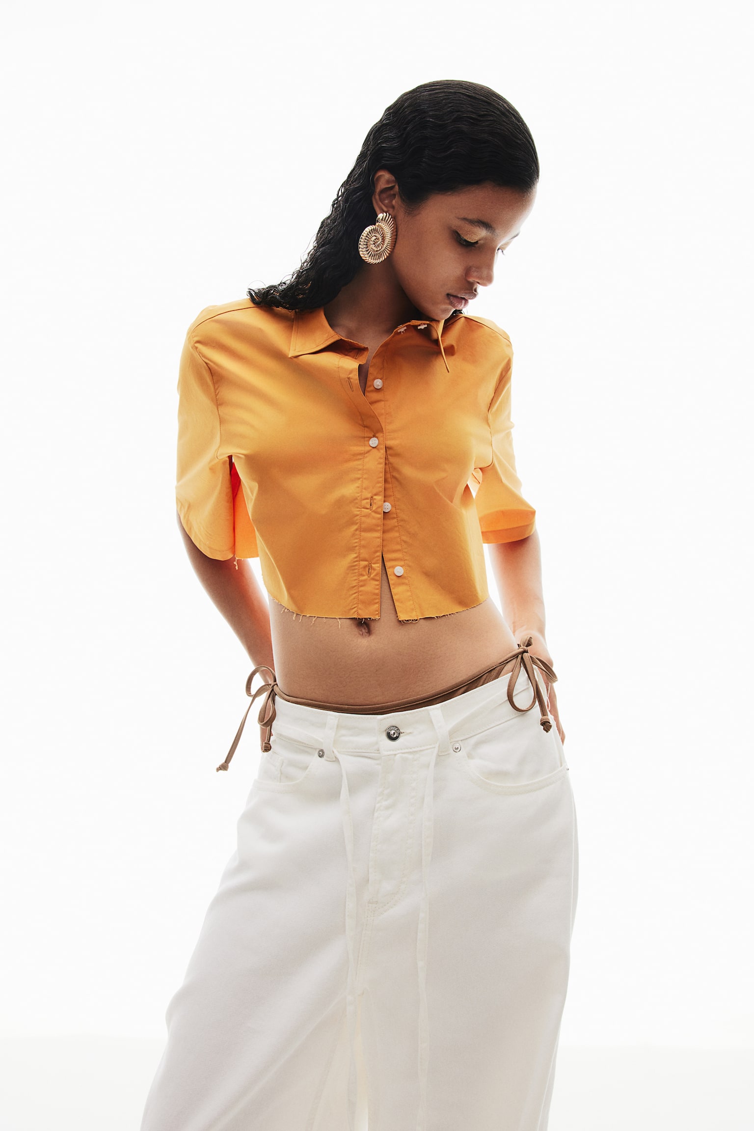 Cropped cotton shirt - Orange/Black/Blue/Striped/Brown/White - 2