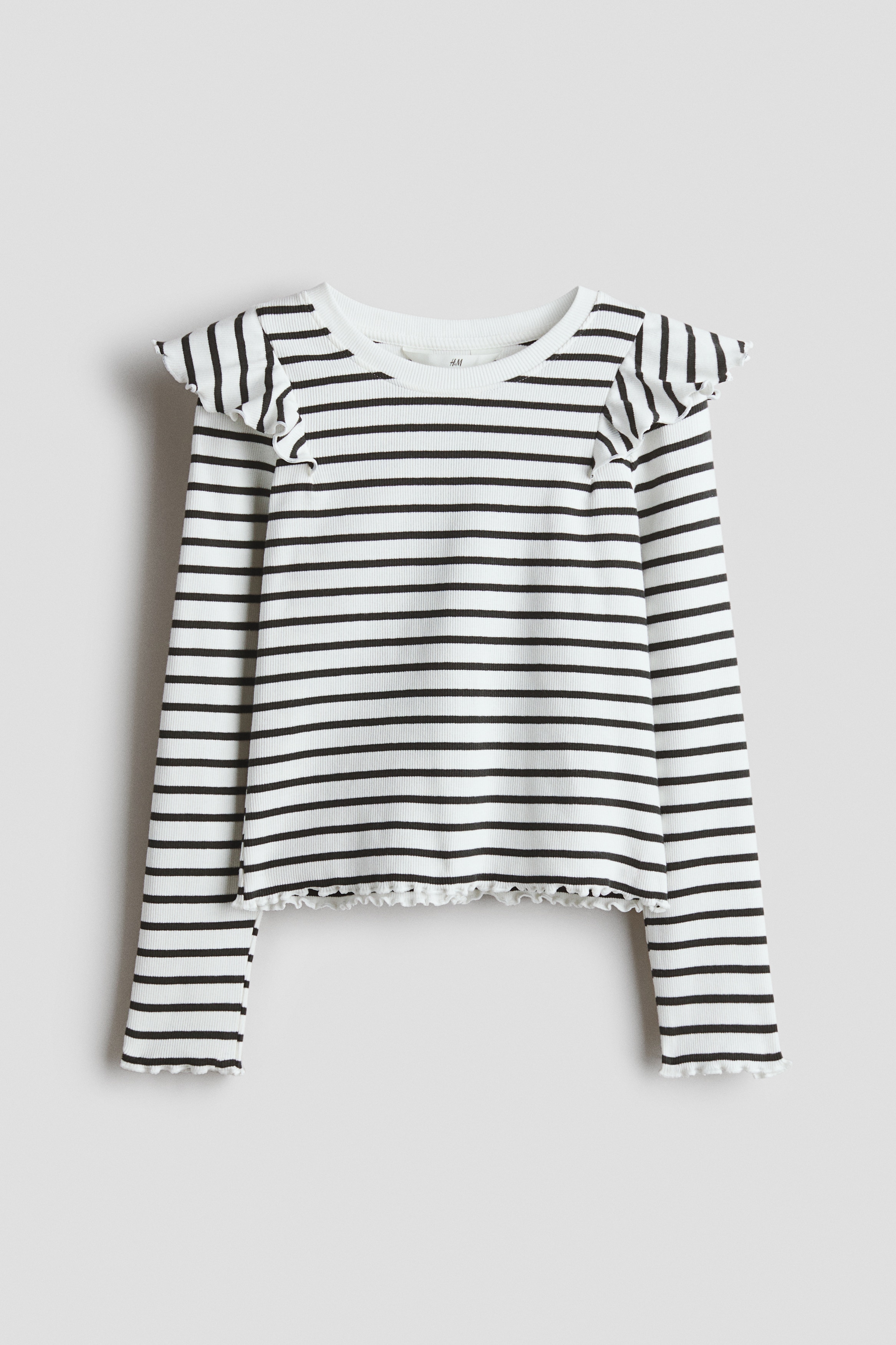 Katoenen top met volants - Wit/zwart gestreept/Lichtbeige/Donkergrijs