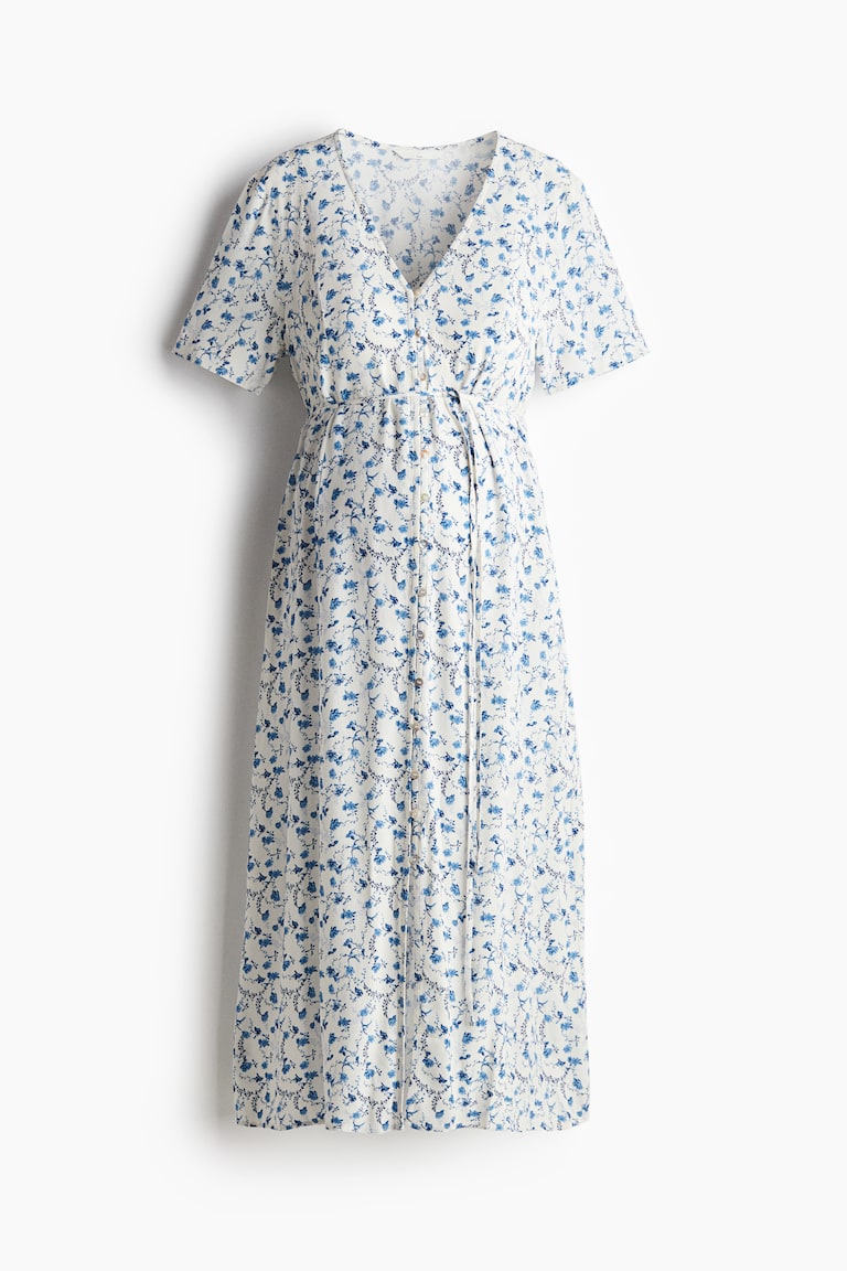 Women's White/blue floral MAMA Before & After Tie-Belt Dress | H&M US Women's White/blue floral MAMA Before & After Tie-Belt Dress | H&M US