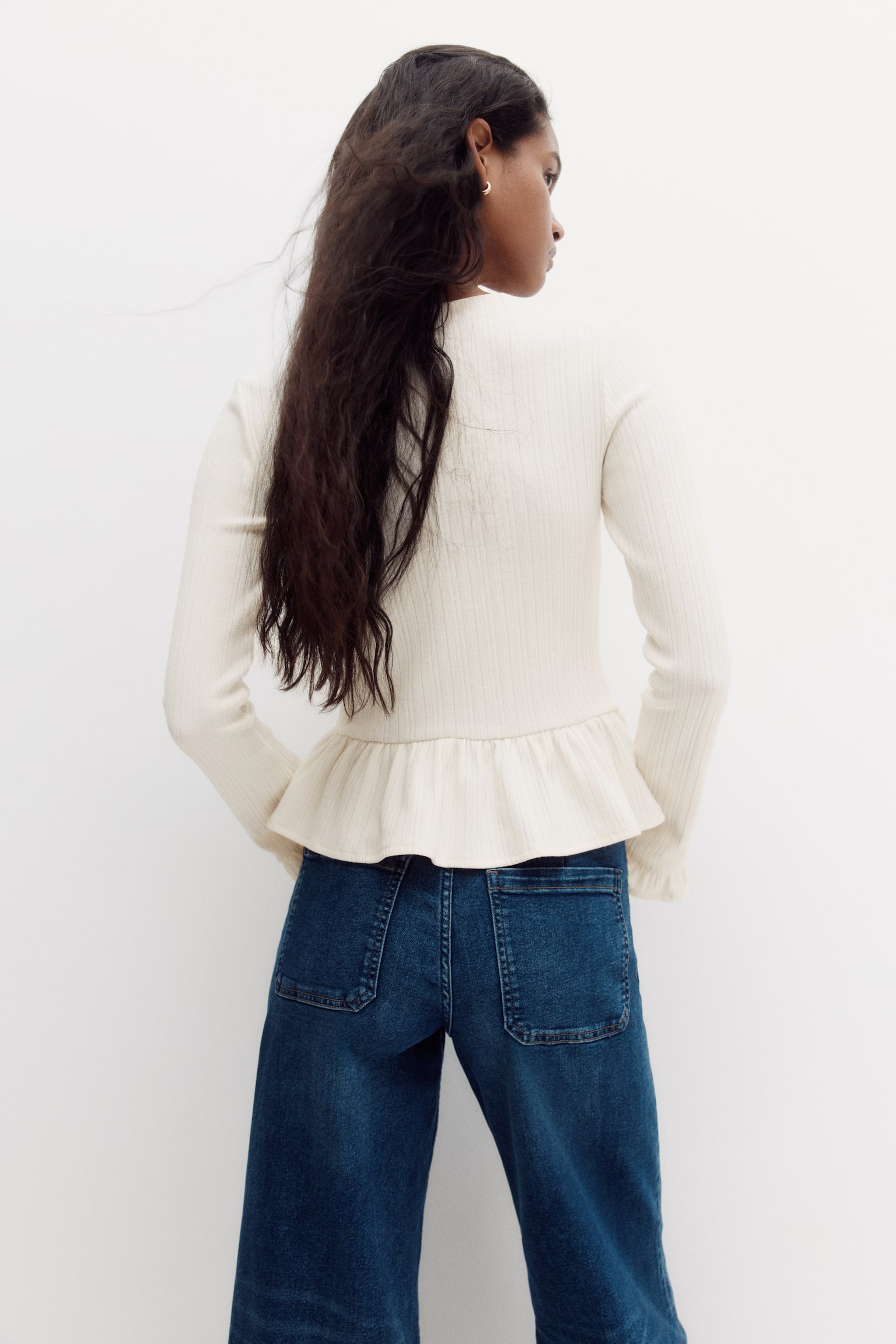 Rib-Knit Peplum Cardigan - Cream/Navy blue - 3