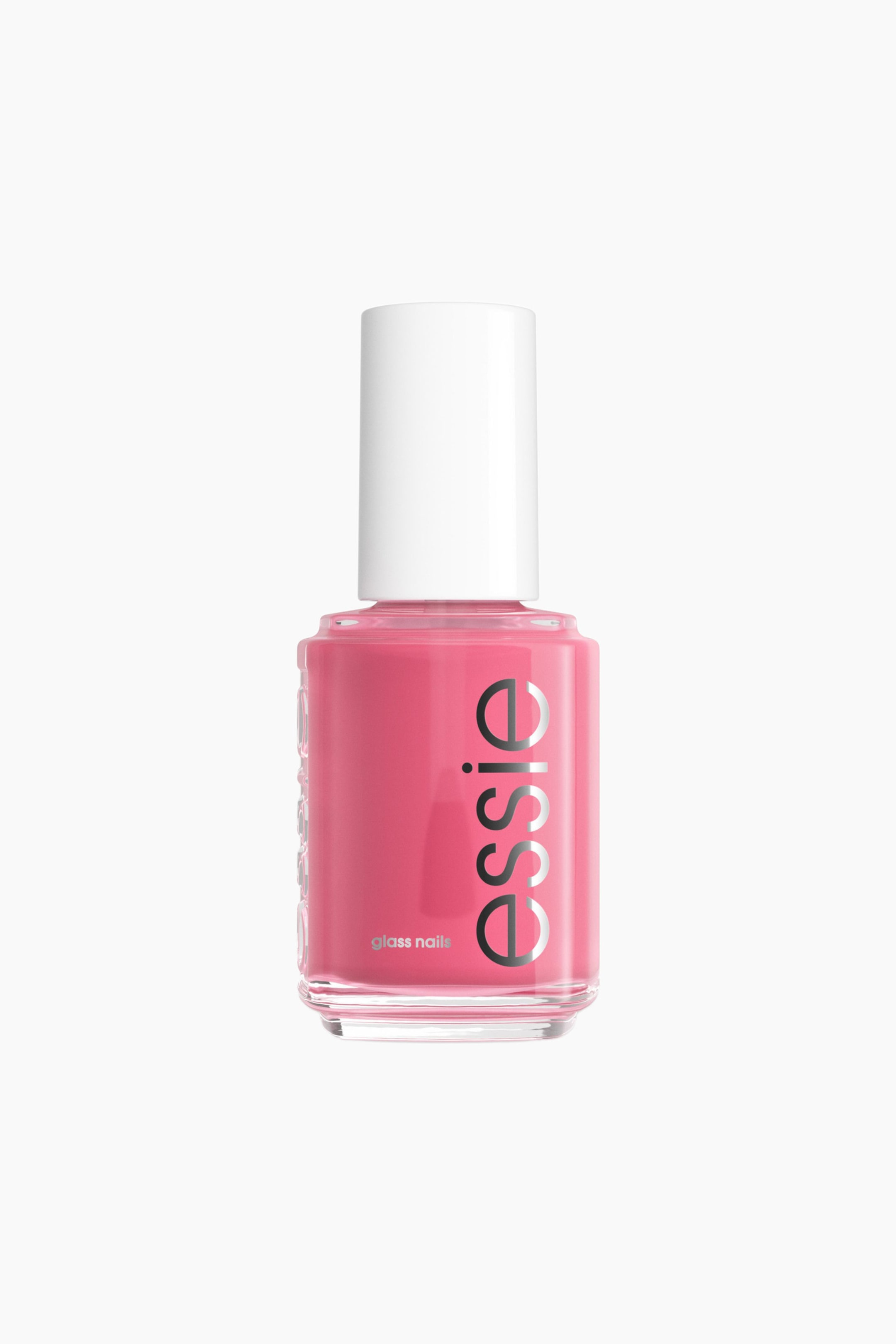 Se større billede: En Essie-neglelakflaske står oprejst og er vendt fremad, med en gennemsigtig glasbeholder fyldt med intens pink neglelak og toppet med en hvid cylindrisk hætte. "essie"-logoet er trykt lodret i sølv på flaskens forside, og teksten "glass nails" vises nedenunder.