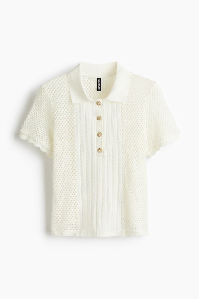 Hole Knit Polo Shirt - Cream - 1
