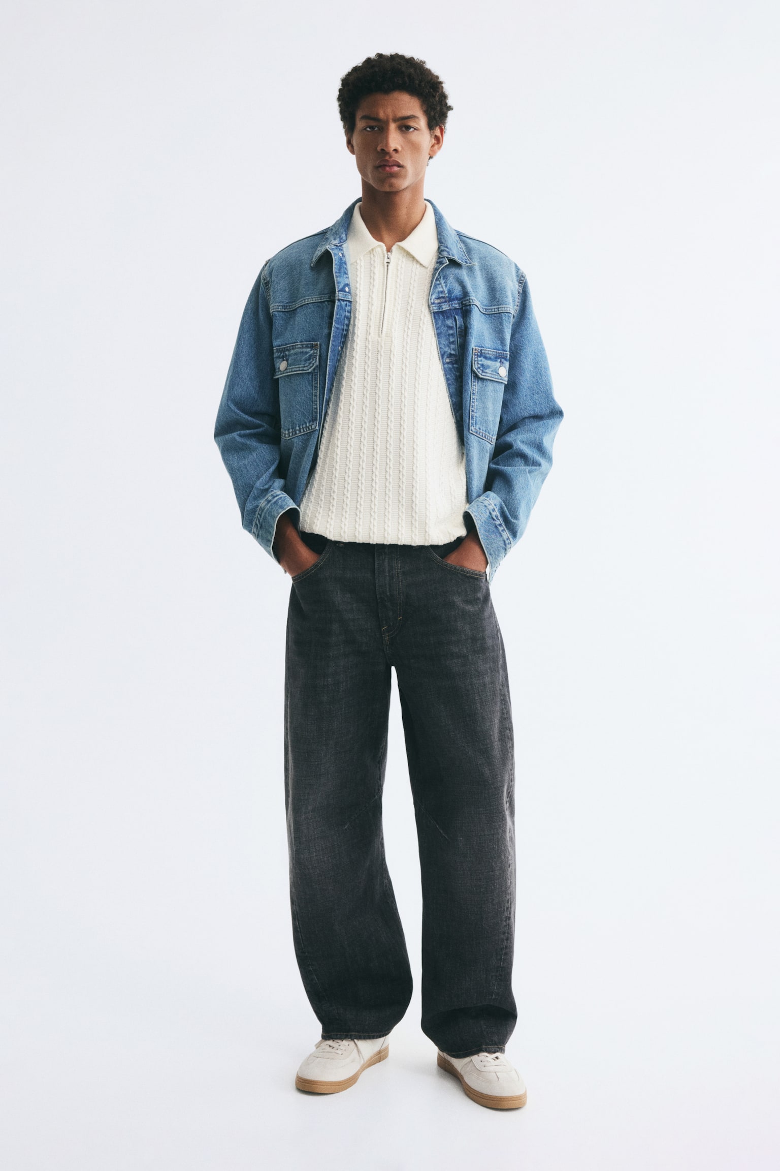 Мужское поло H&M Relaxed-Fit Half-Zip Polo Shirt, цвет: Кремовый — фото 4