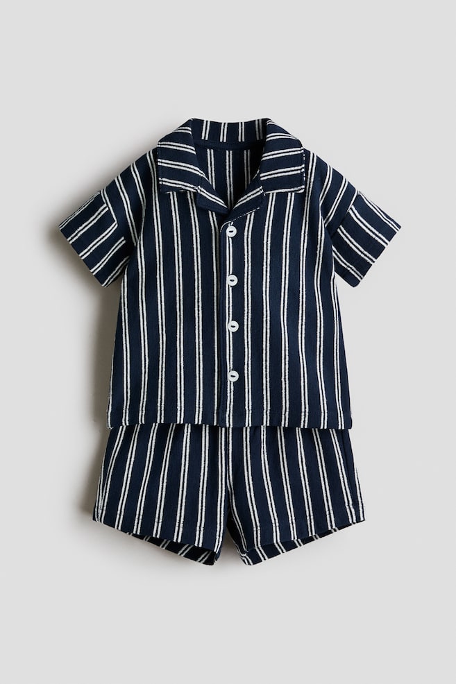 2-piece Cotton Terry Set - Navy blue/White stripe/Cream/Vehicles - 1