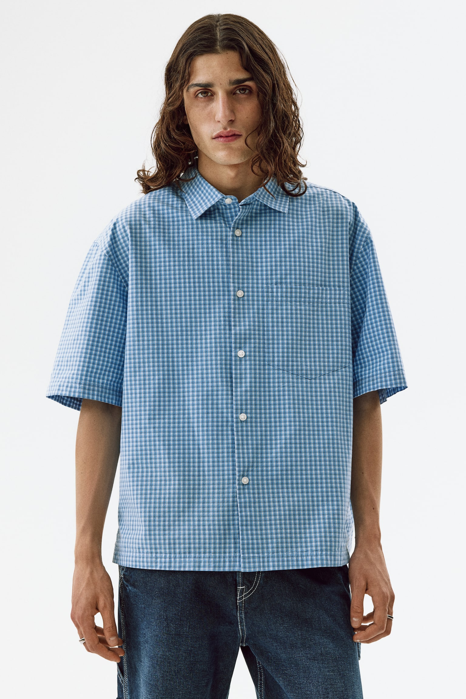 Мужская рубашка H&M Relaxed-Fit Cotton, цвет: Светлый синий / Клетчатый — фото 4