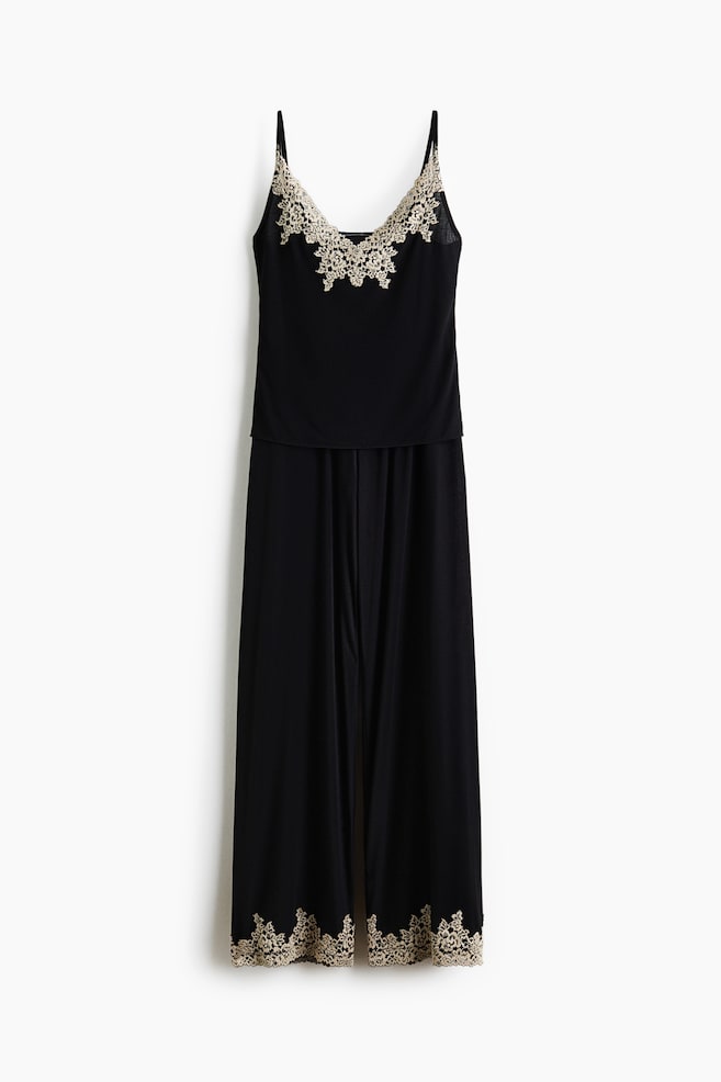Lace-Trimmed Jersey Pajamas - Black/cream/Dark gray/cream - 1