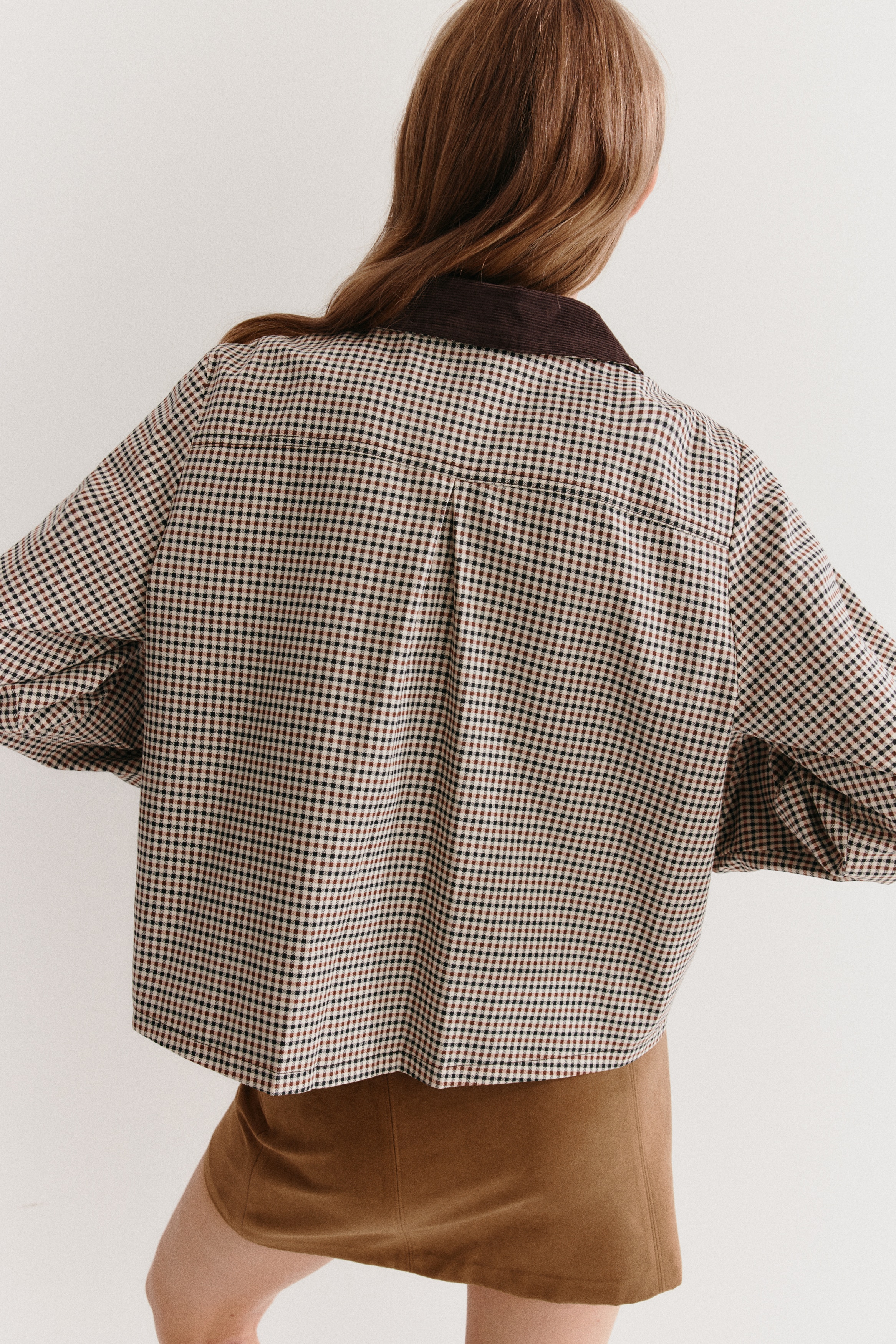 Corduroy-collar twill jacket - Beige/Checked - Ladies | H&M