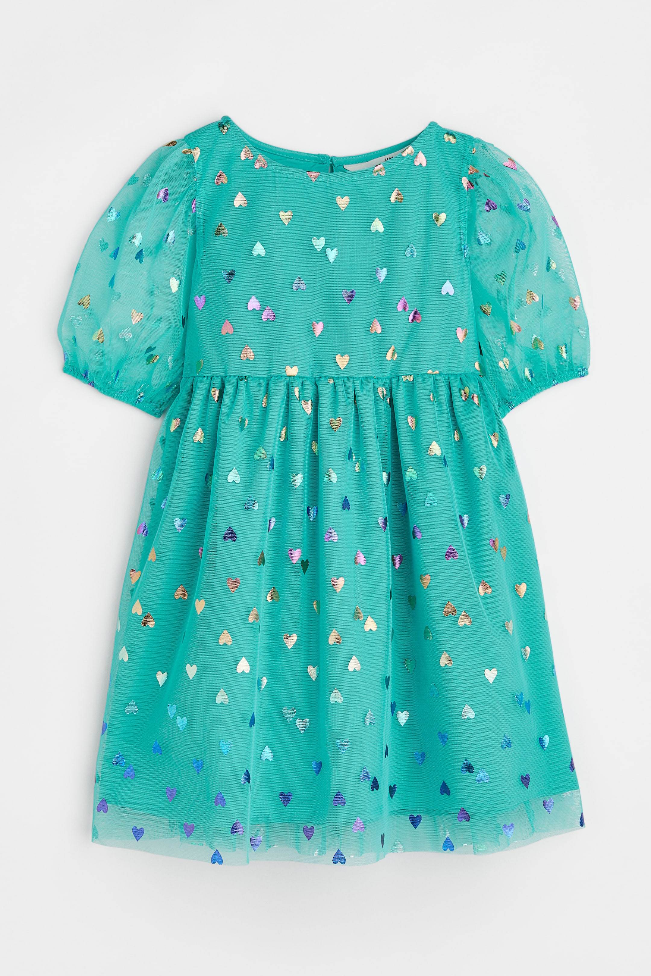 View larger image: Puff-sleeved Dress - Turquoise/hearts - Kids | H&M PH 1