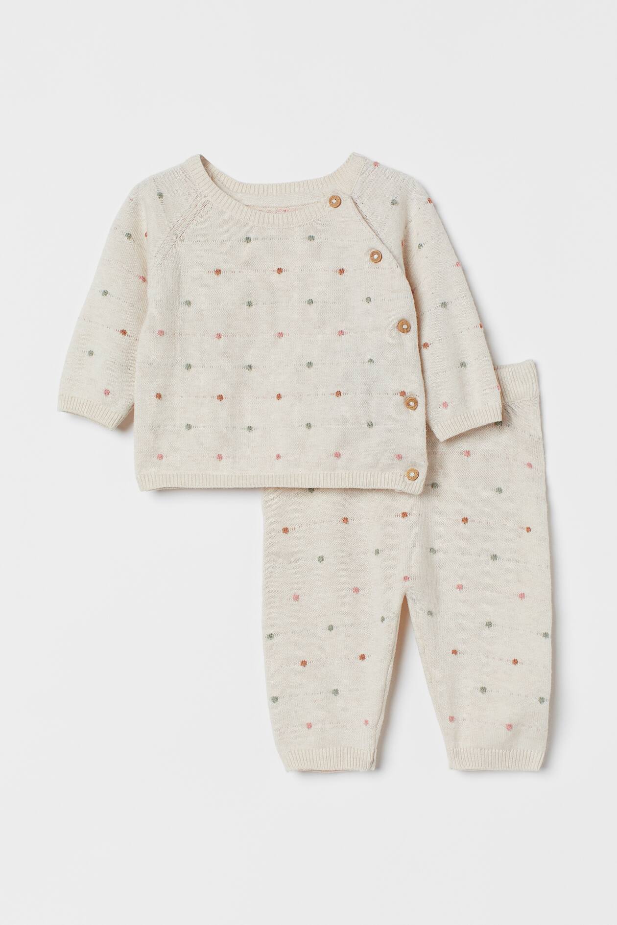 2-piece Cotton Set - Round Neck - Long sleeve - Light beige/dotted ...