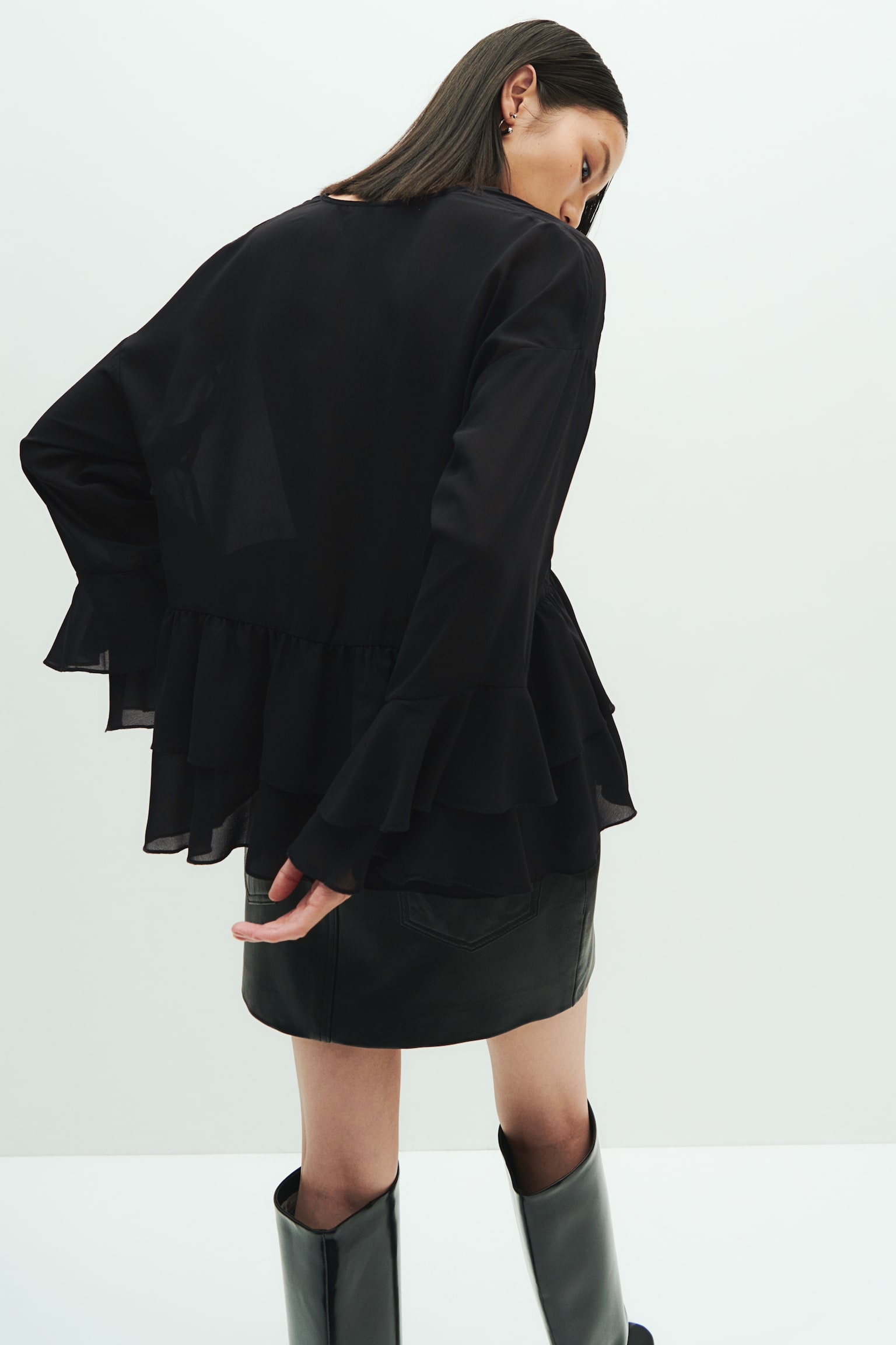 Flounced chiffon blouse - Black/Cream/Floral/Apricot - 4