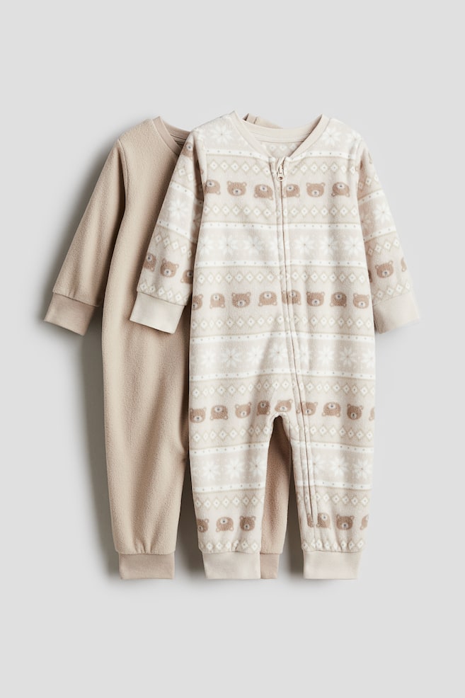 2-pack Fleece Zip-up Pajama Jumpsuits-Beige/teddy bears - 1