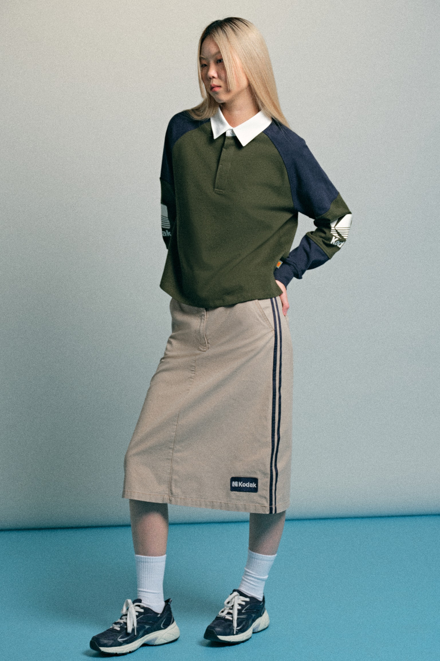 側條紋工作裙 - 淺灰米色/Kodak - 5