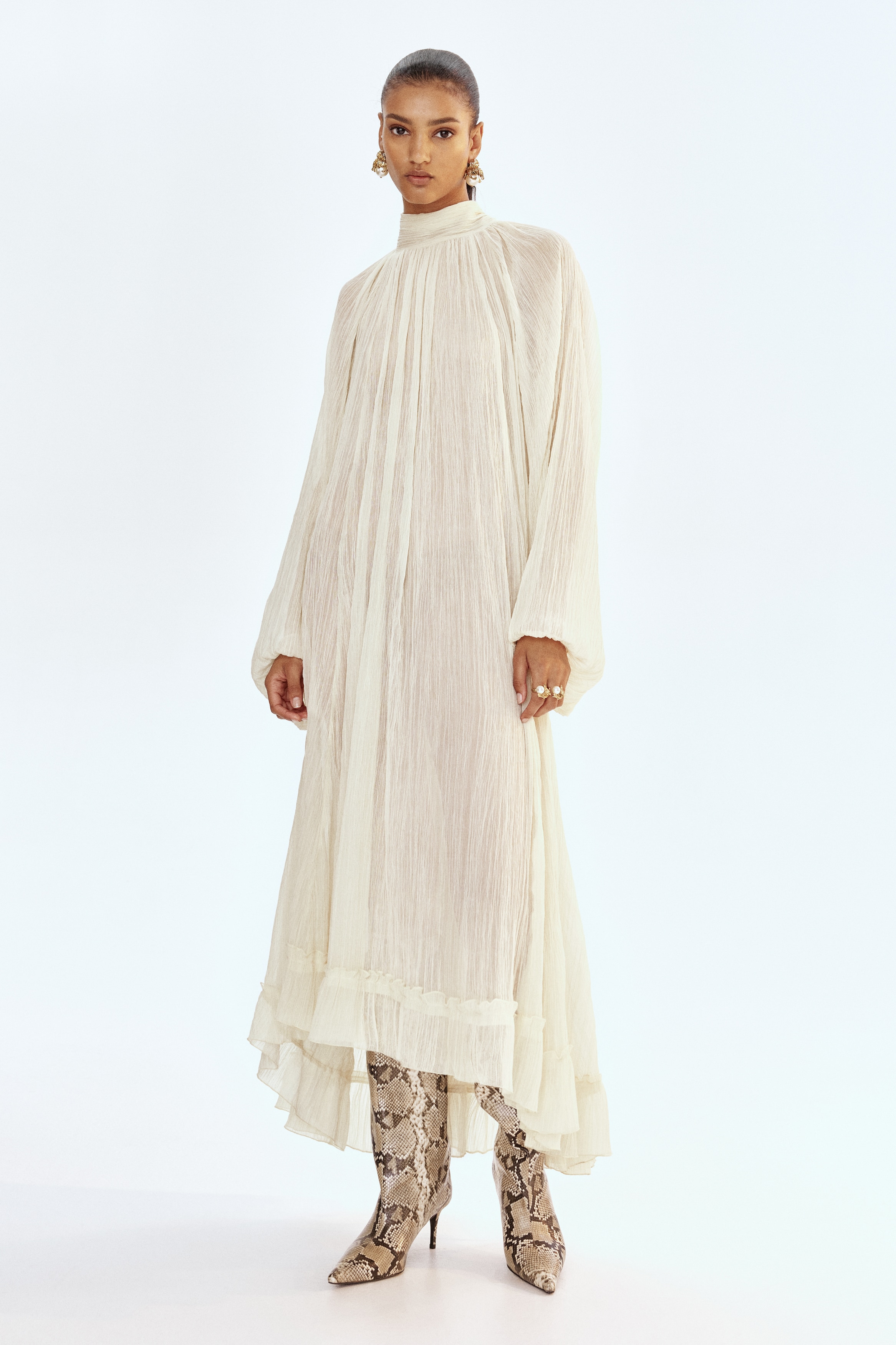 Sukienka maxi z wiązanym kołnierzem - Kremowy - ONA | H&M PL