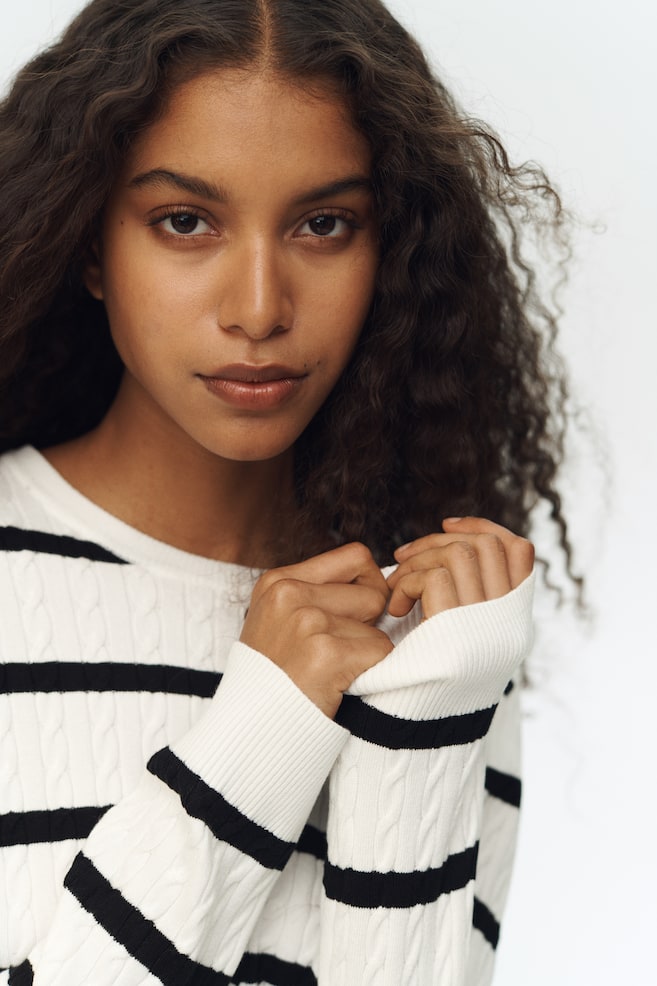 Cable-Knit Sweater - White/black striped/Pink/Dark brown - 4