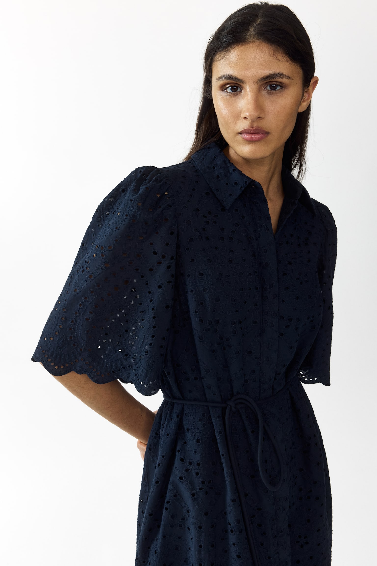 Broderie-anglaise cotton shirt dress-Navy blue - 4