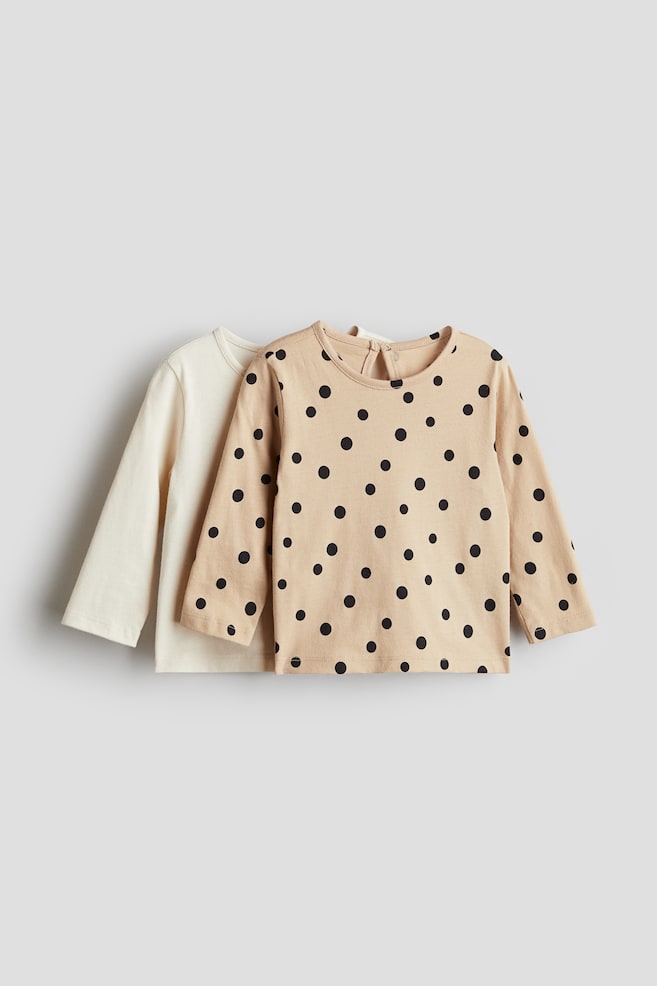 2-pack Long-Sleeved Cotton Tops - Beige/dotted - 1