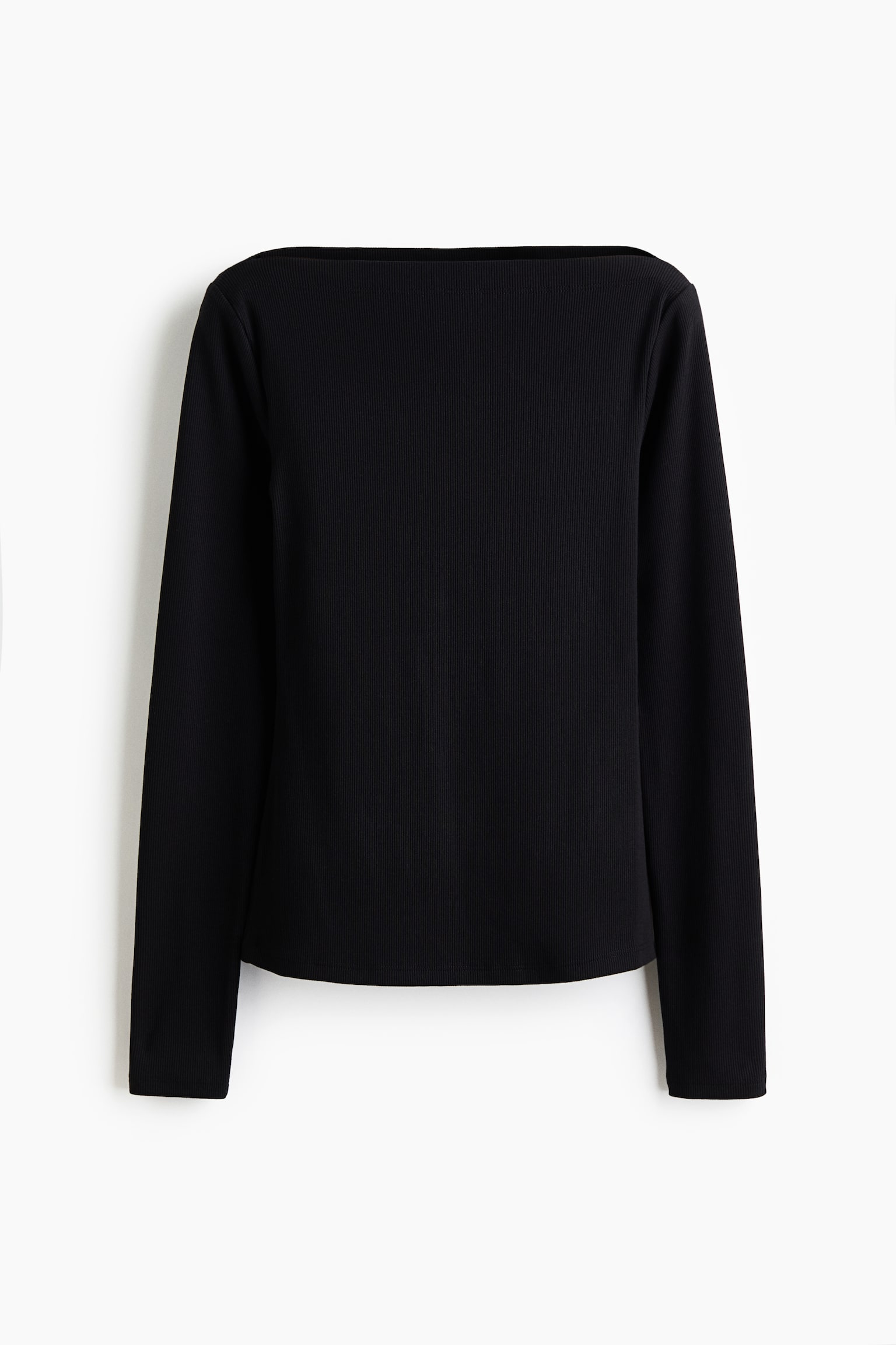 A black fitted top is displaying its front, featuring a boat neckline, long sleeves, and a ribbed cotton jersey texture. - 1