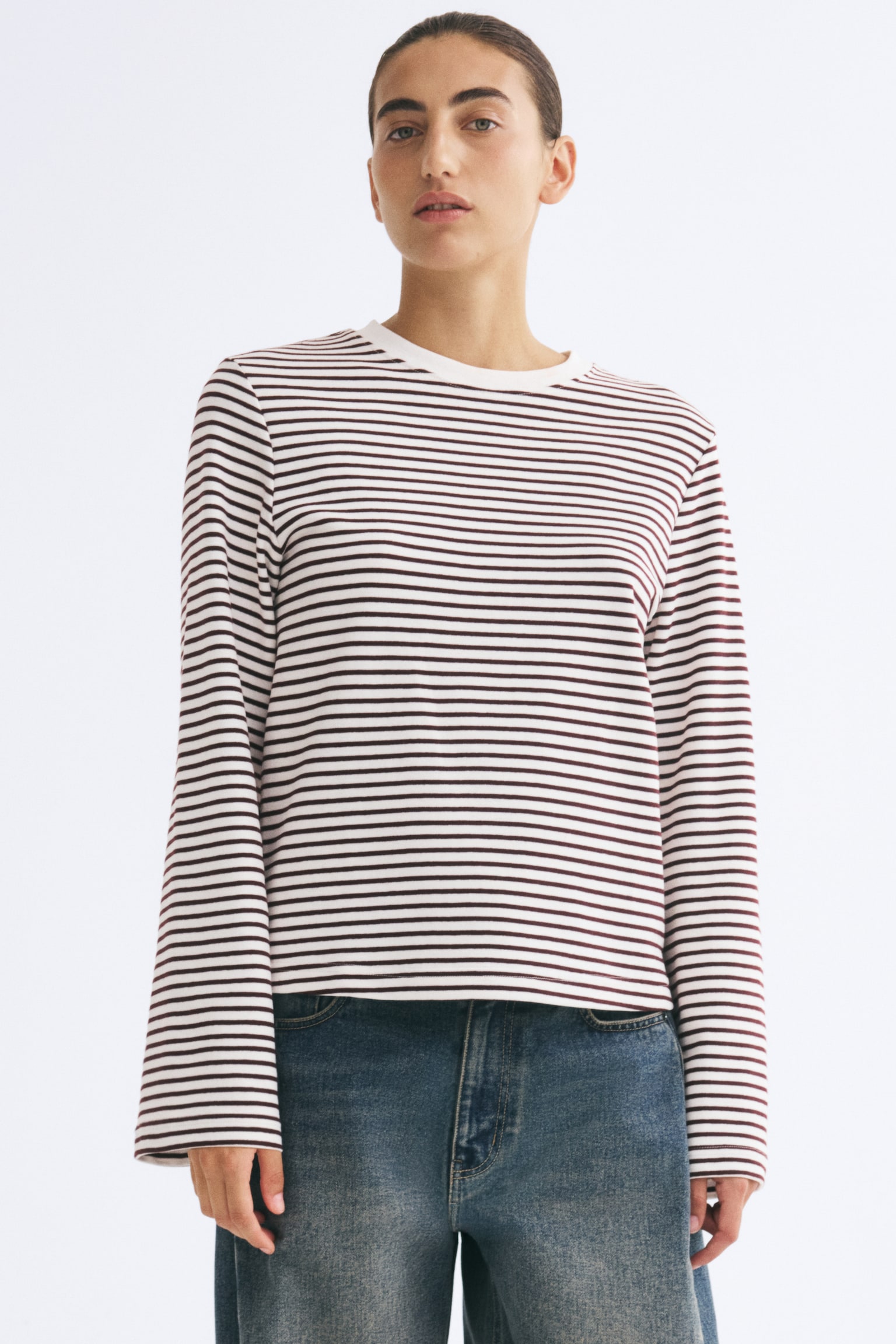 Женский топ H&M Long-sleeved jersey top, цвет: Кремовый / Бордовый полосатый — фото 3