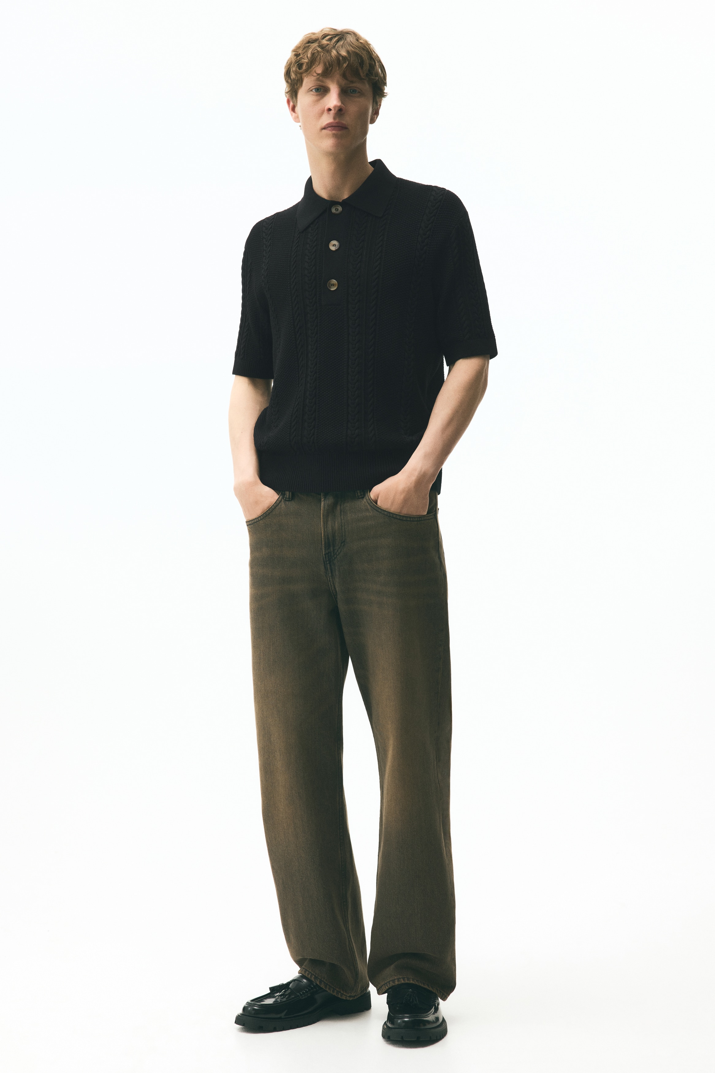 Regular Fit Cable-knit polo shirt - Black/Cream