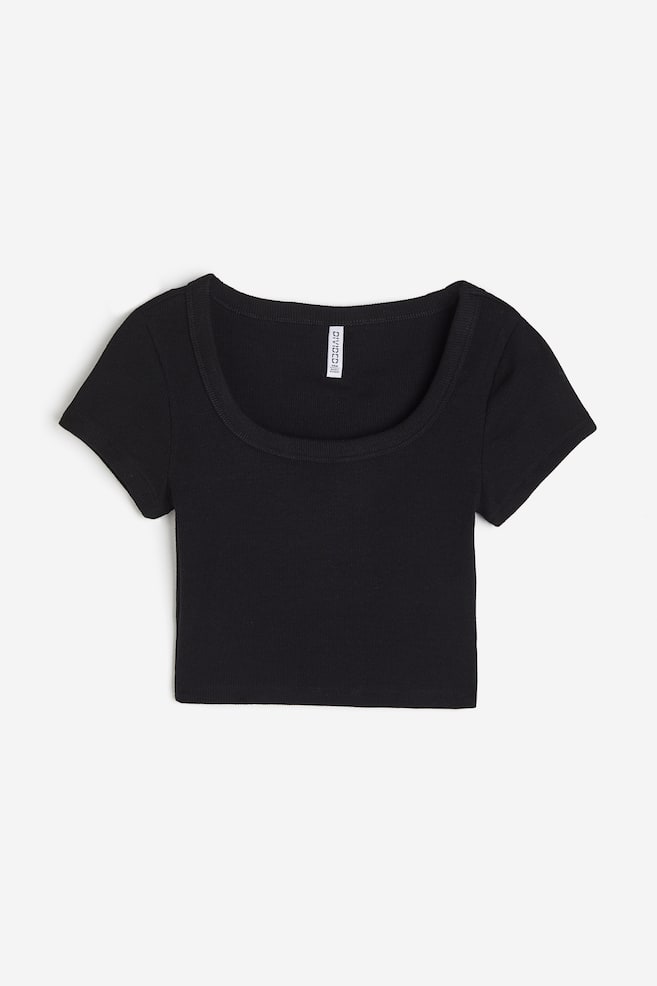 Cropped ribbet T-shirt - Sort/Hvid/Mørkegrå/Lys gråbeige - 2