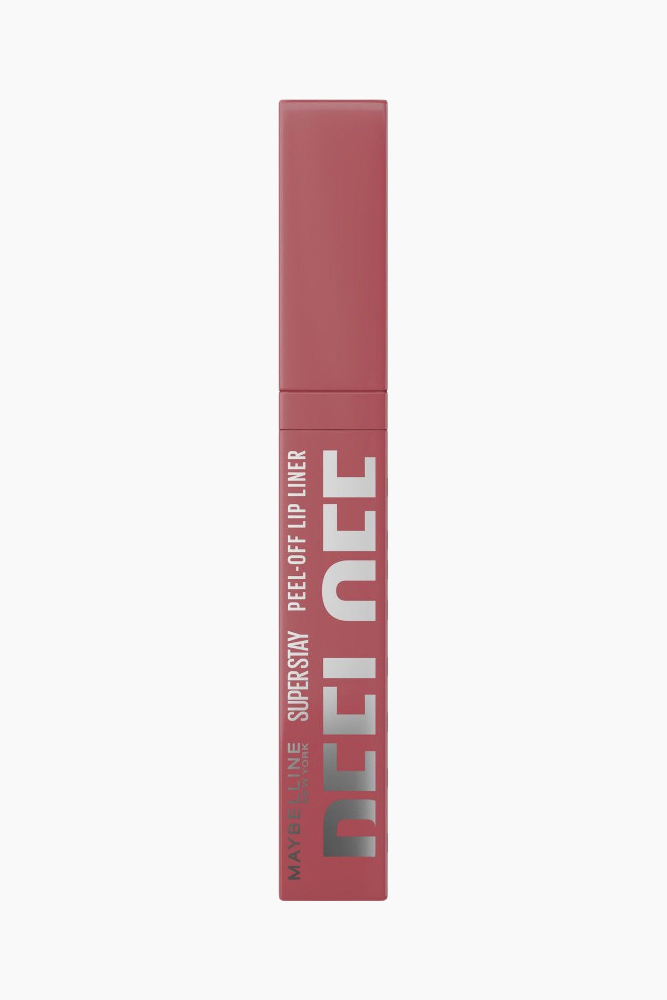 Größeres Bild ansehen: Ein rechteckiger, länglicher Stift des Maybelline Superstay Peel-Off Lip Liner steht aufrecht und zeigt nach vorne. Er ist in einem staubigen Rosaton gehalten und trägt auf der Vorderseite den Text „Maybelline New York Superstay Peel-Off Lip Liner“ sowie die großen silbernen Buchstaben „PEEL“.