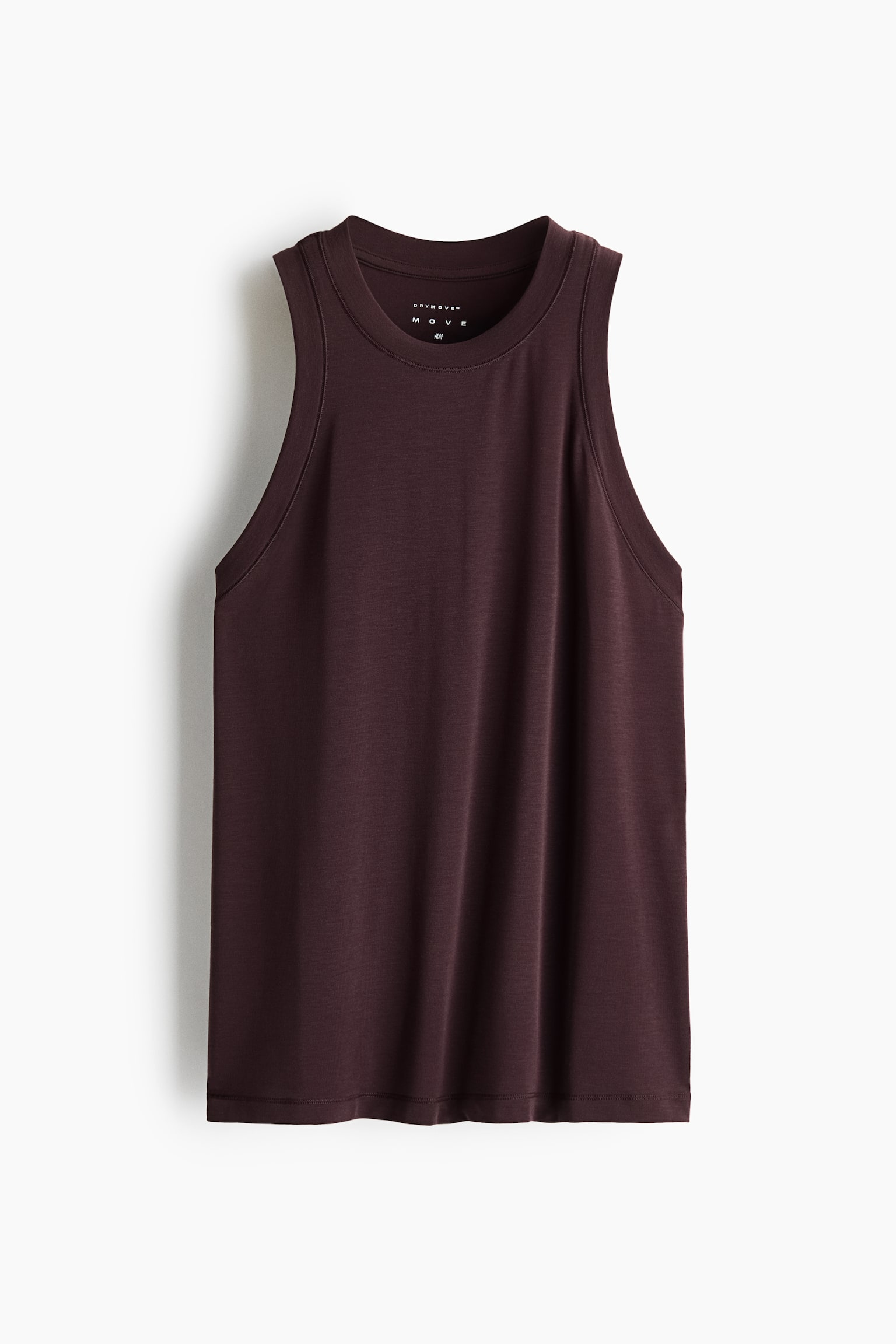 A dark brown sleeveless tank top is hanging facing forward, featuring a high round neckline and wide shoulder straps with ribbed trim. The top has a relaxed fit with a straight hemline and subtle draping, with brand text printed on the inside back collar.