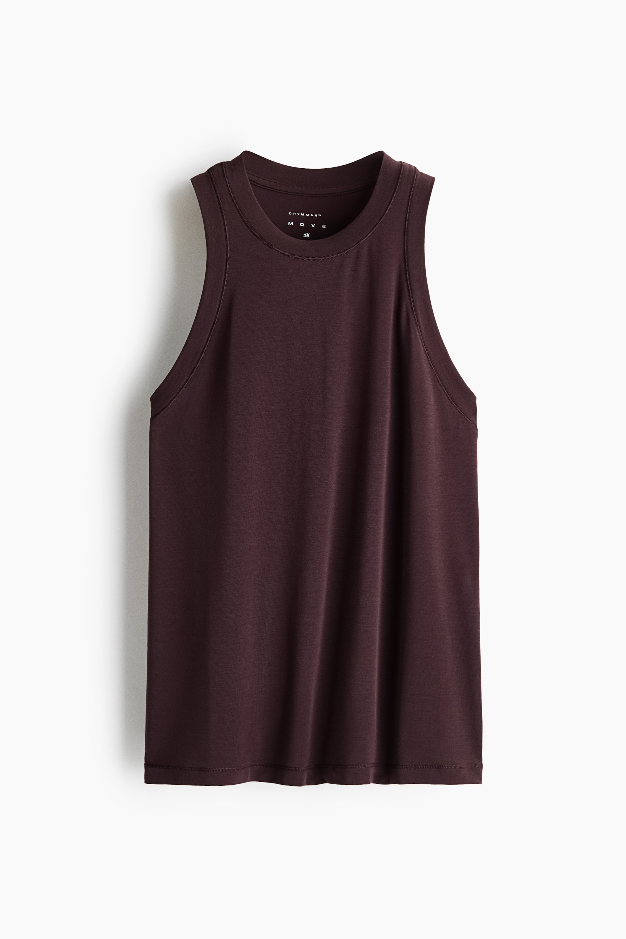 Xem ảnh lớn hơn: Một áo tank top không tay màu nâu đậm đang được treo và hướng mặt trước, nổi bật với cổ tròn cao và dây vai rộng có viền gân. Chiếc áo có phom dáng thoải mái với gấu áo thẳng và độ rũ nhẹ, cùng chữ thương hiệu được in ở mặt trong cổ sau.