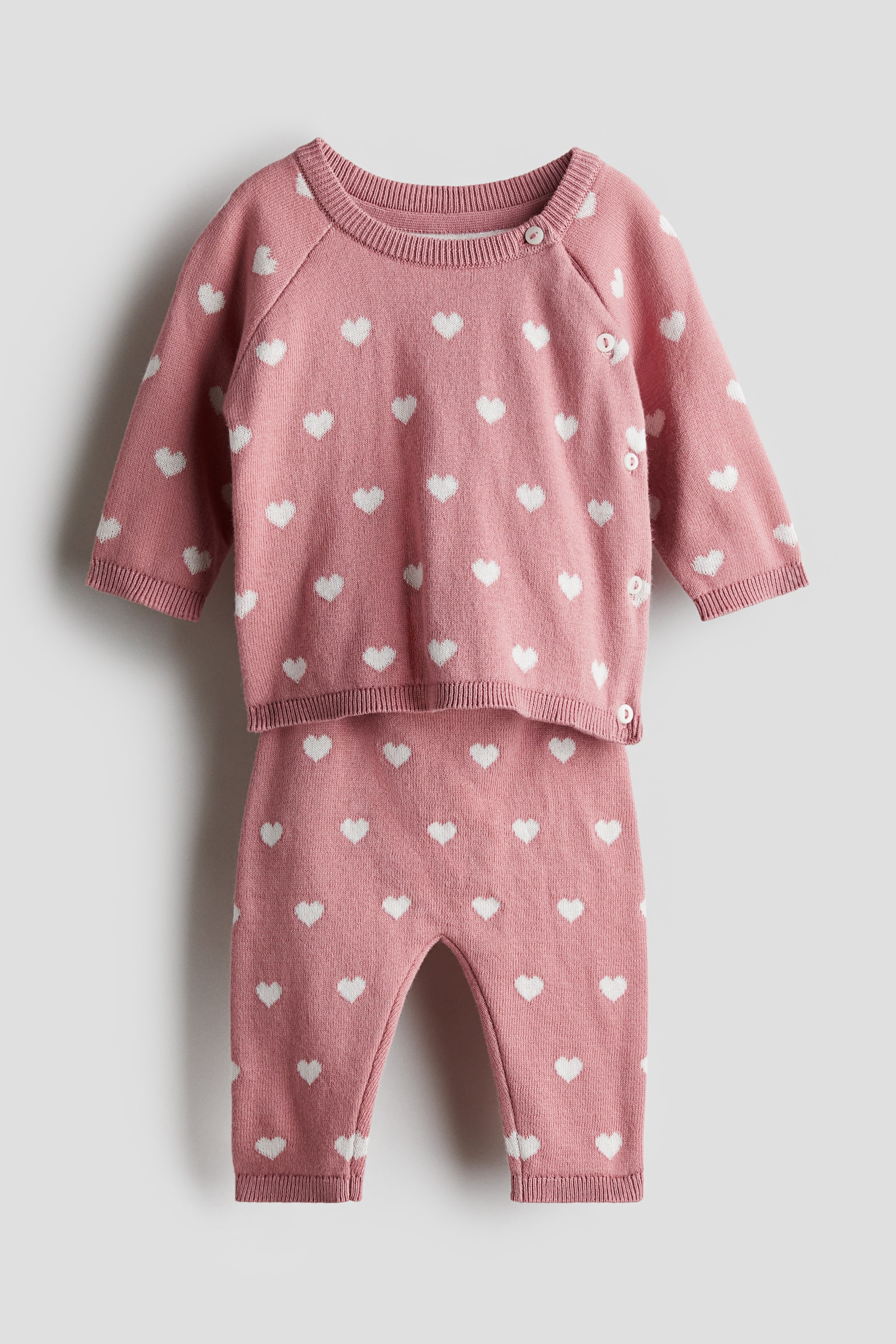 2-piece cotton-knit set - Dusty pink/Hearts/Light beige/Bear - 1