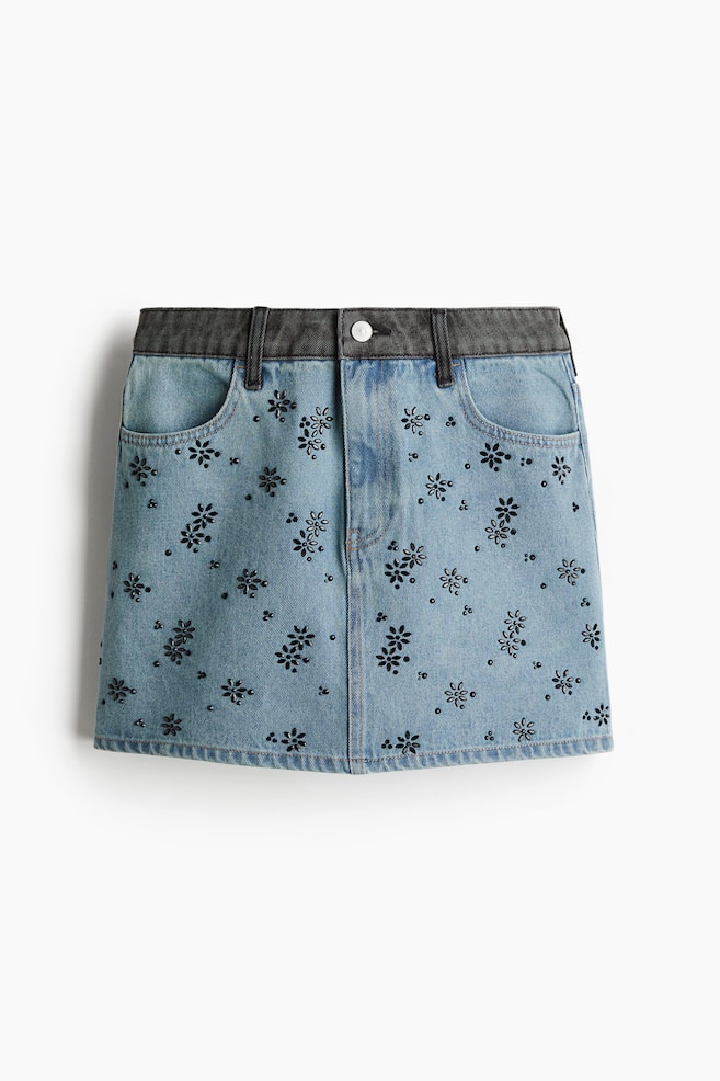 Rhinestone-embellished denim mini skirt - Light denim blue/Floral - 1