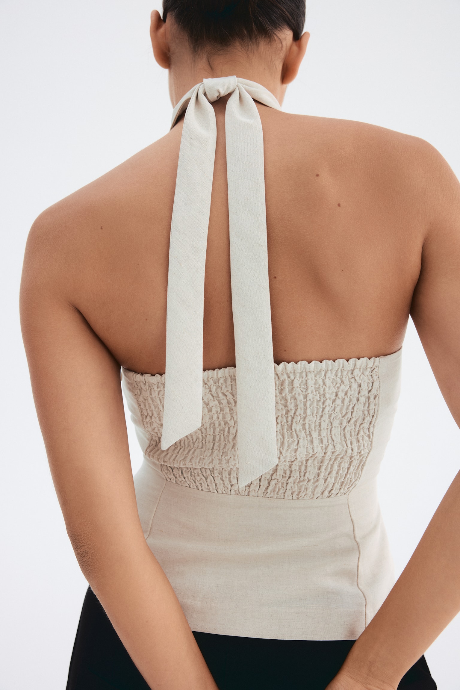 Linen-blend halterneck top - Light greige/Red - 4