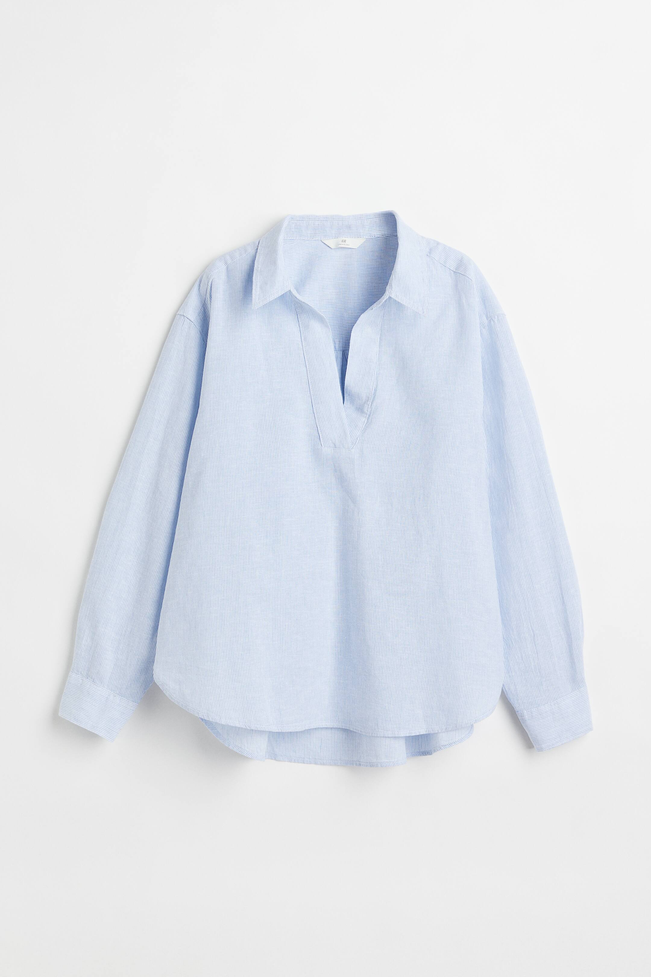 查看大圖: 亞麻混紡襯衫 - 淺藍色/條紋 - Ladies | H&M 1