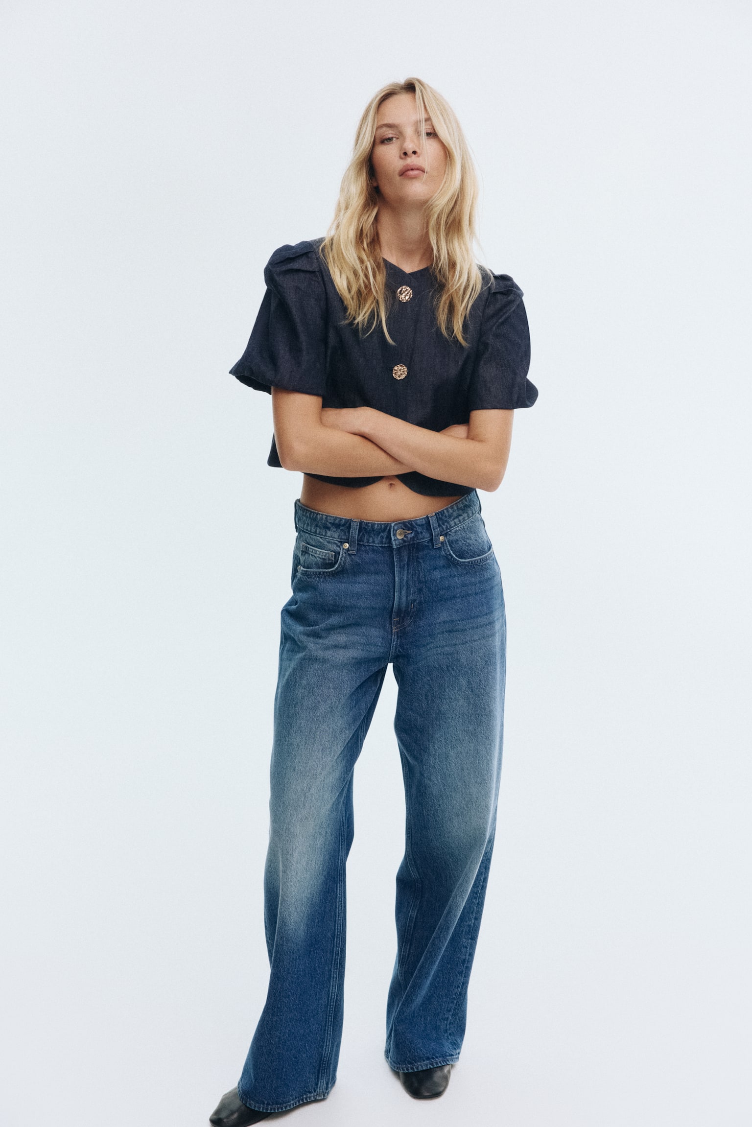 Blouse à manches ballon en denim - Bleu denim foncé - 5