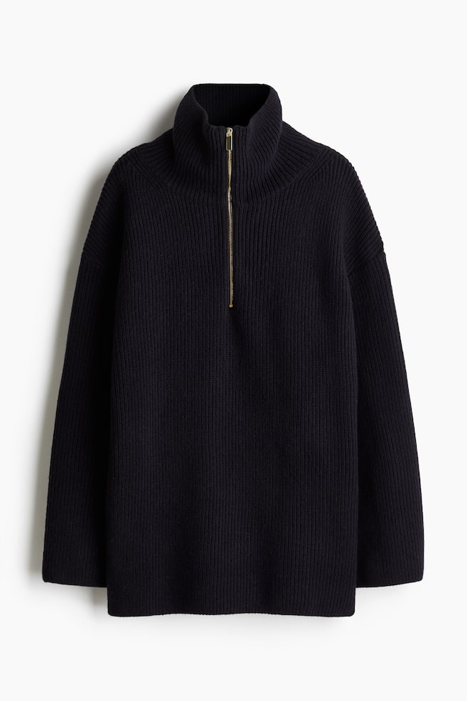 Gerippter Pullover mit Zipper - Marineblau/Cremefarben/Dunkelbraun/Schwarz/Gestreift - 1