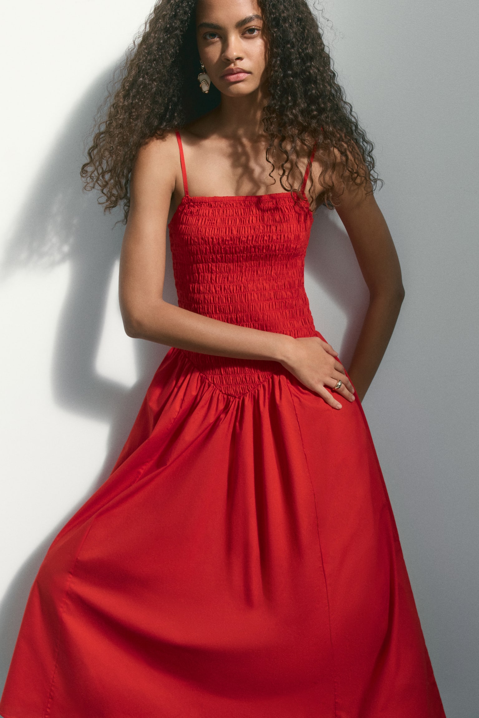 Smocked flared-skirt dress-Red - 5
