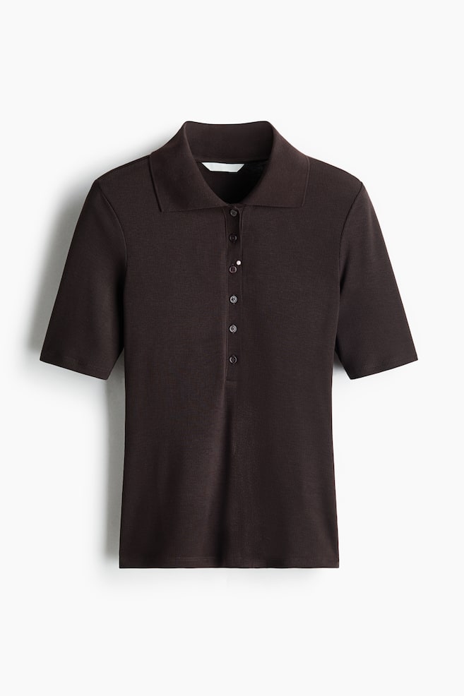 Fitted rib-knit polo shirt - Dark brown/Cream - 1