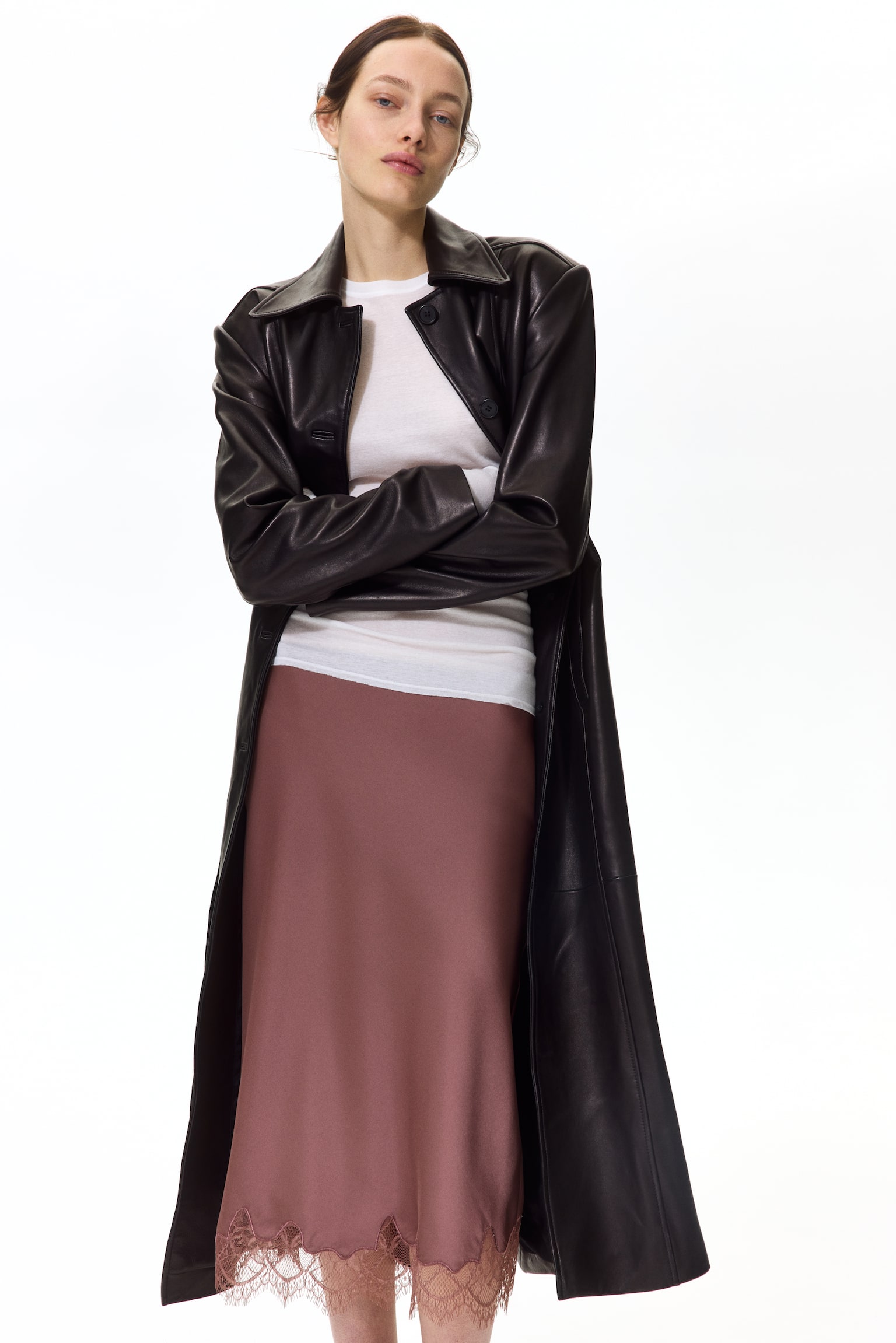 חצאית קומבניזון עם תחרה - ורוד מאובק כהה/בז' בהיר/שחור - 3