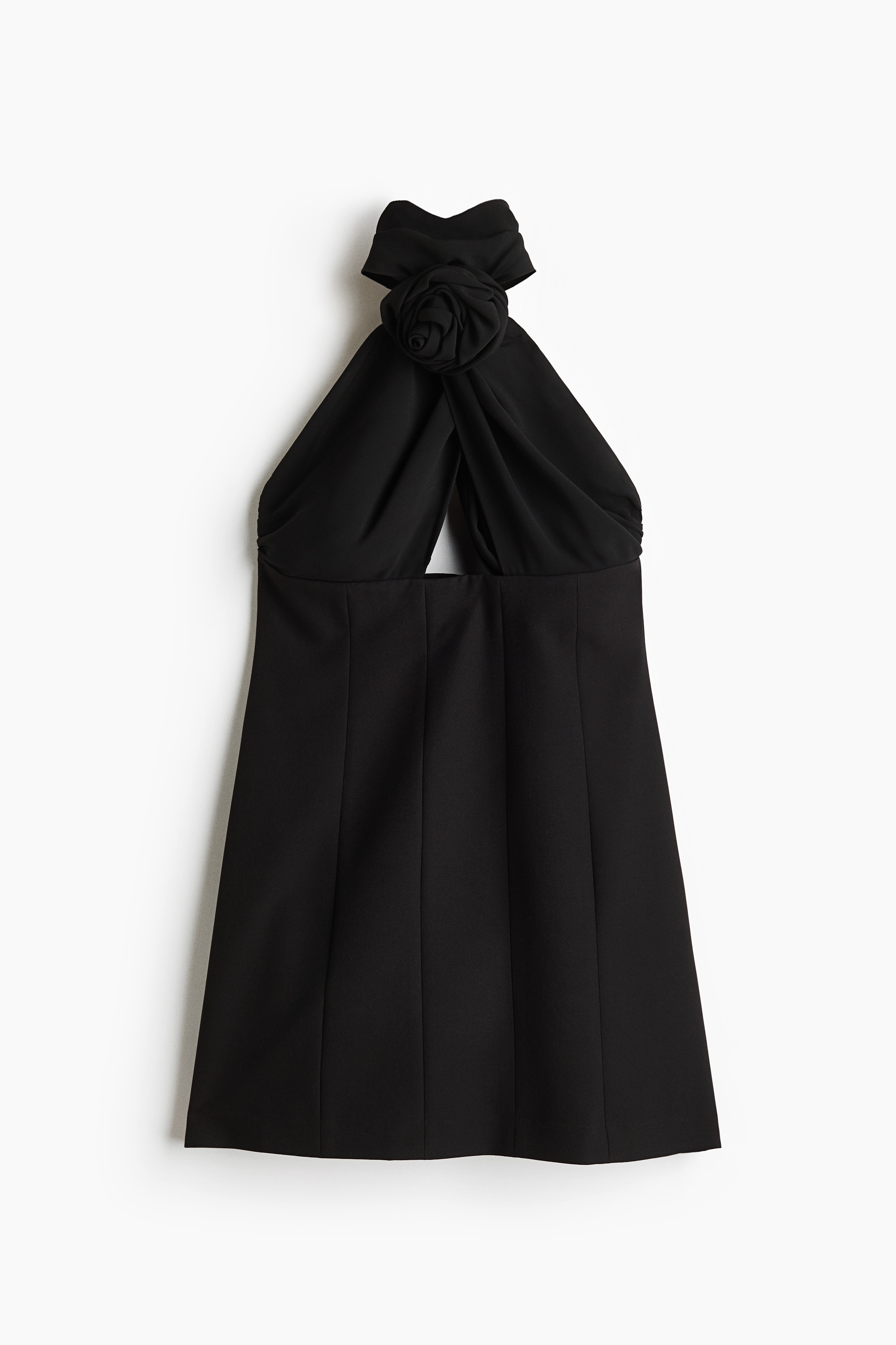 Rochie cu bretea la gât și trandafir aplicat - Negru