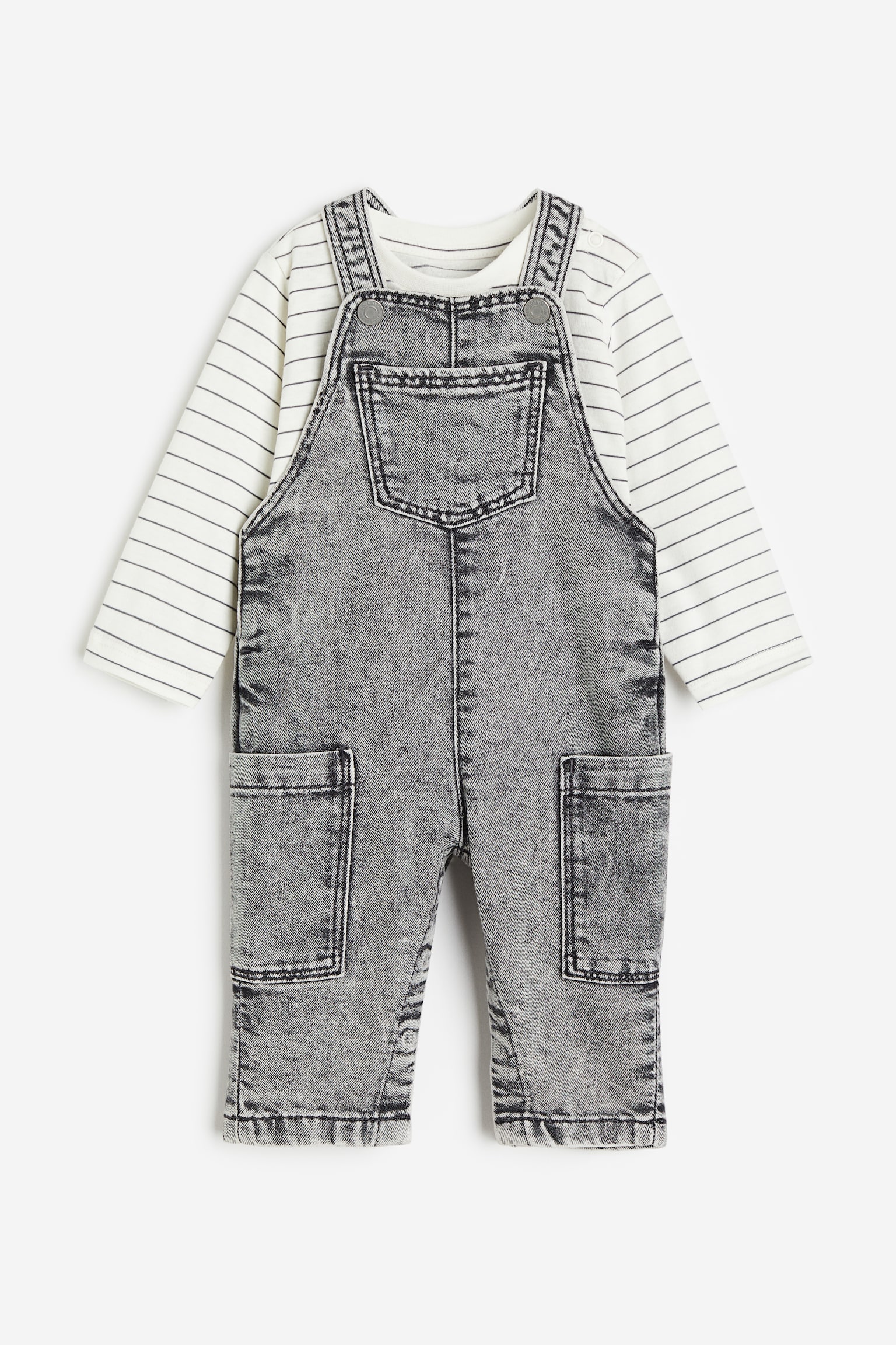 2-piece Top & Dungaree Set - Denim grey/Stripe - 1